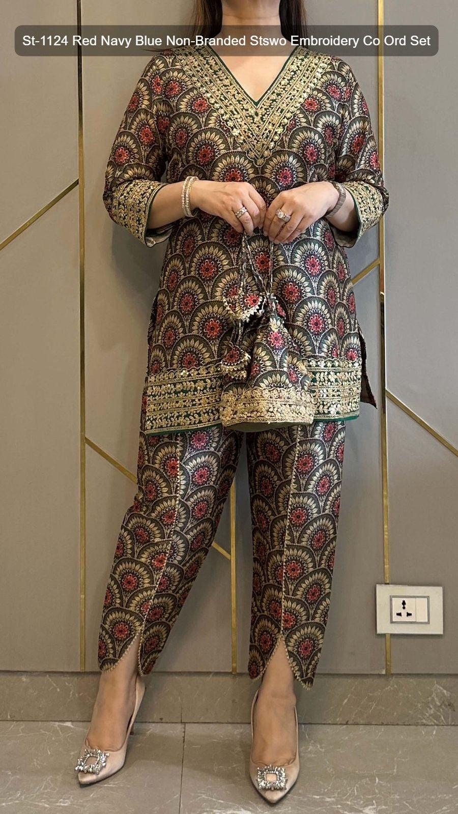 St-1124 Red Navy Blue Non-Branded Stswo Embroidery Co Ord Set