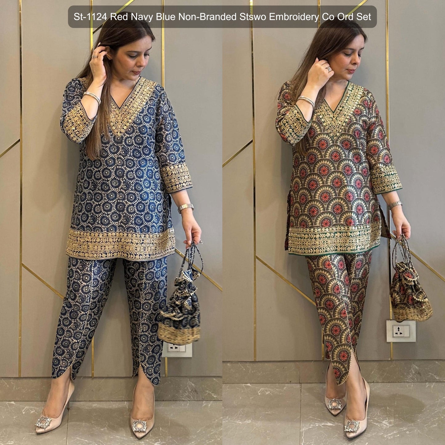 St-1124 Red Navy Blue Non-Branded Stswo Embroidery Co Ord Set