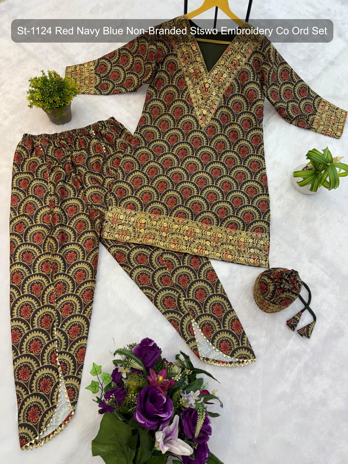 St-1124 Red Navy Blue Non-Branded Stswo Embroidery Co Ord Set