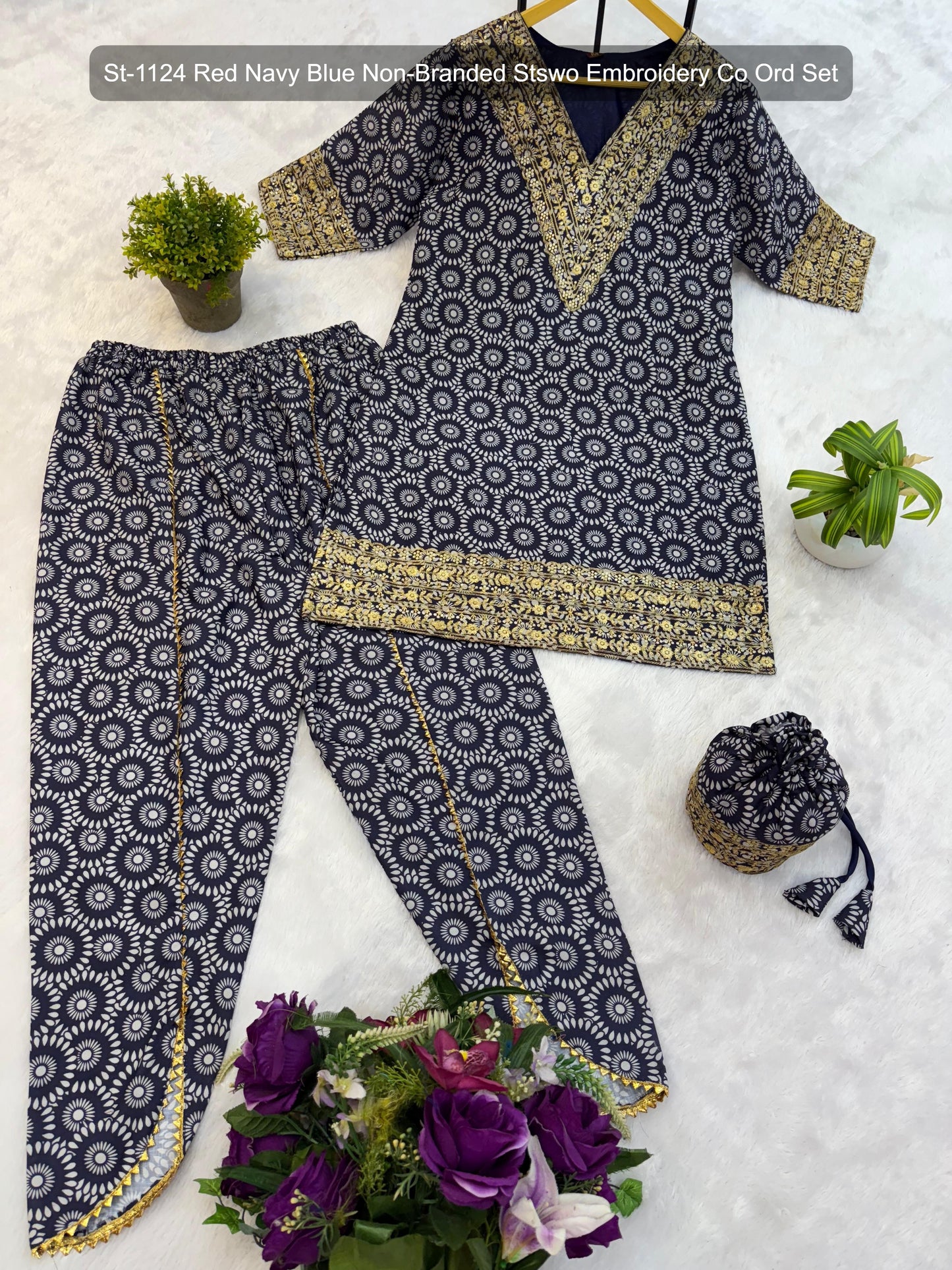 St-1124 Red Navy Blue Non-Branded Stswo Embroidery Co Ord Set