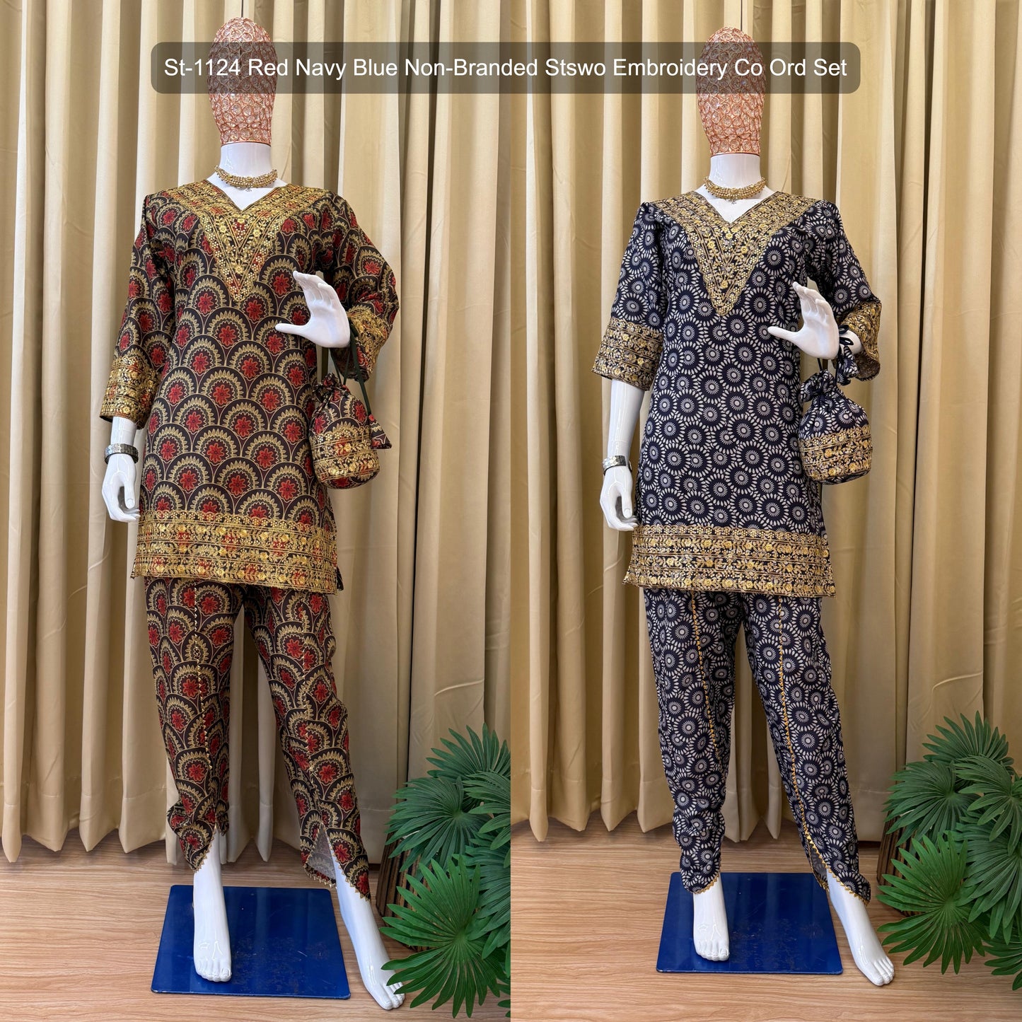 St-1124 Red Navy Blue Non-Branded Stswo Embroidery Co Ord Set