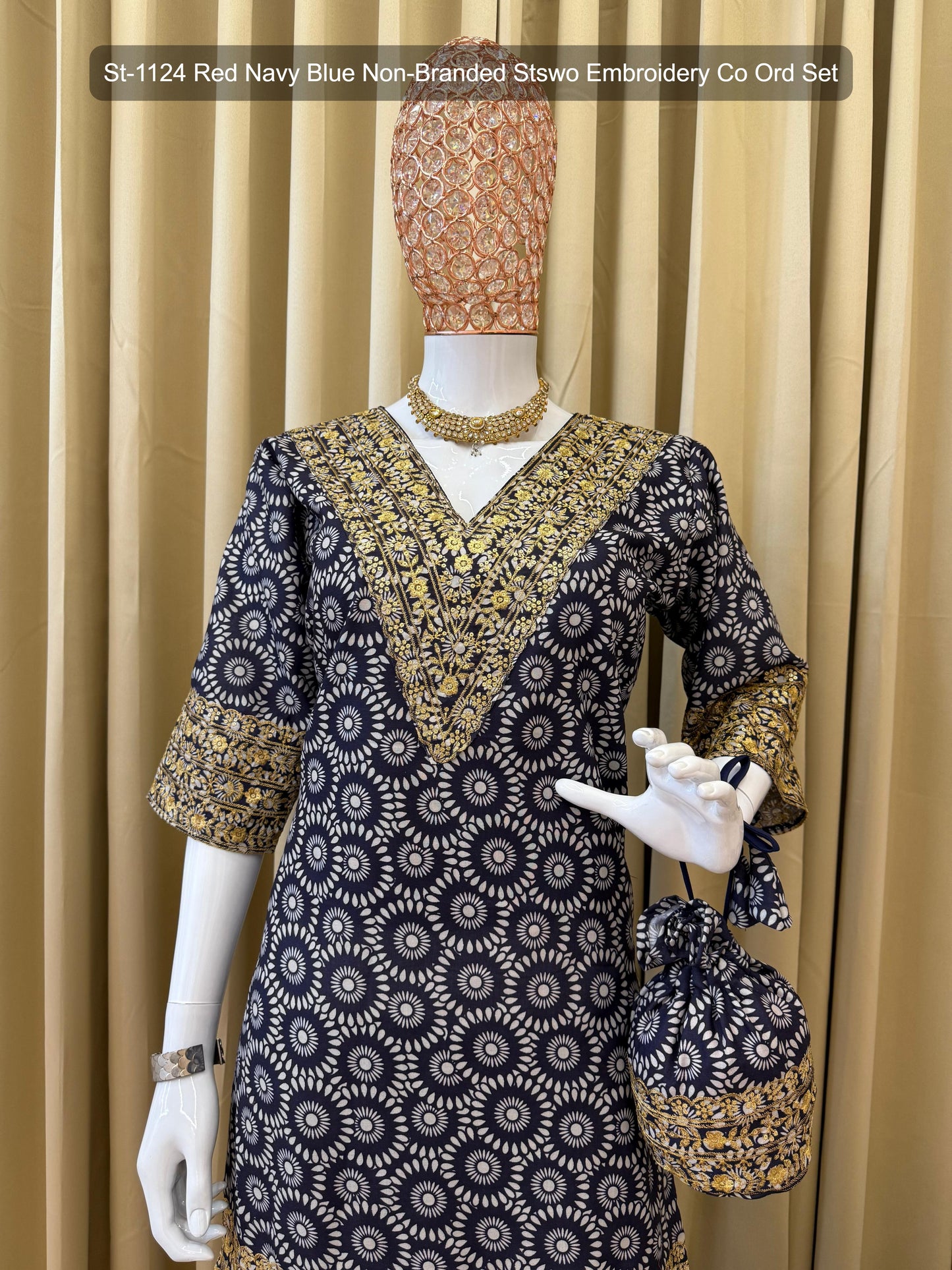 St-1124 Red Navy Blue Non-Branded Stswo Embroidery Co Ord Set