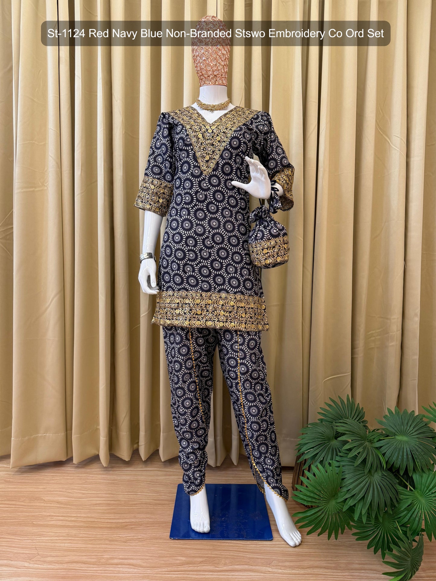 St-1124 Red Navy Blue Non-Branded Stswo Embroidery Co Ord Set