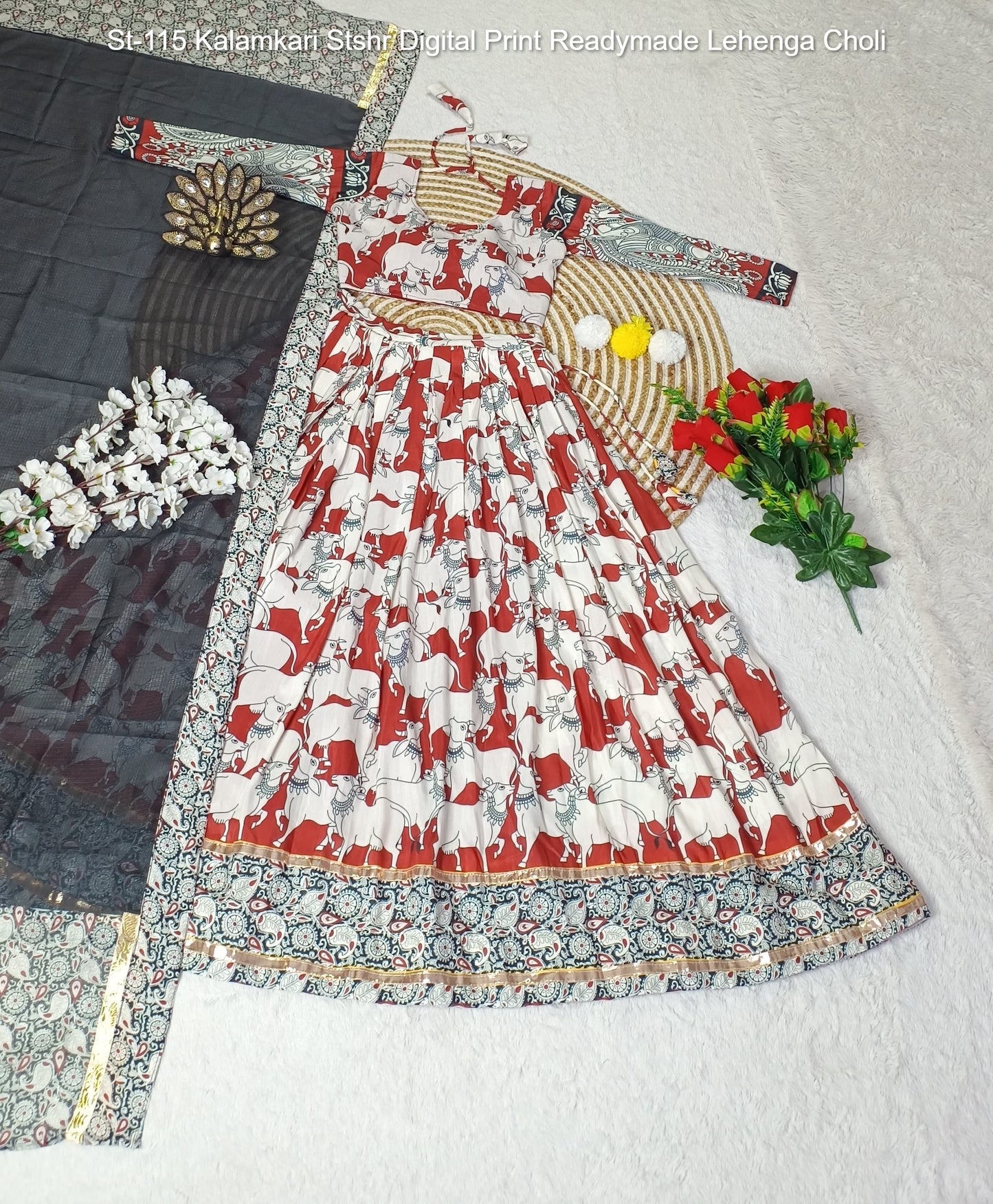 St-115 Kalamkari Stshr Digital Print Readymade Lehenga Choli