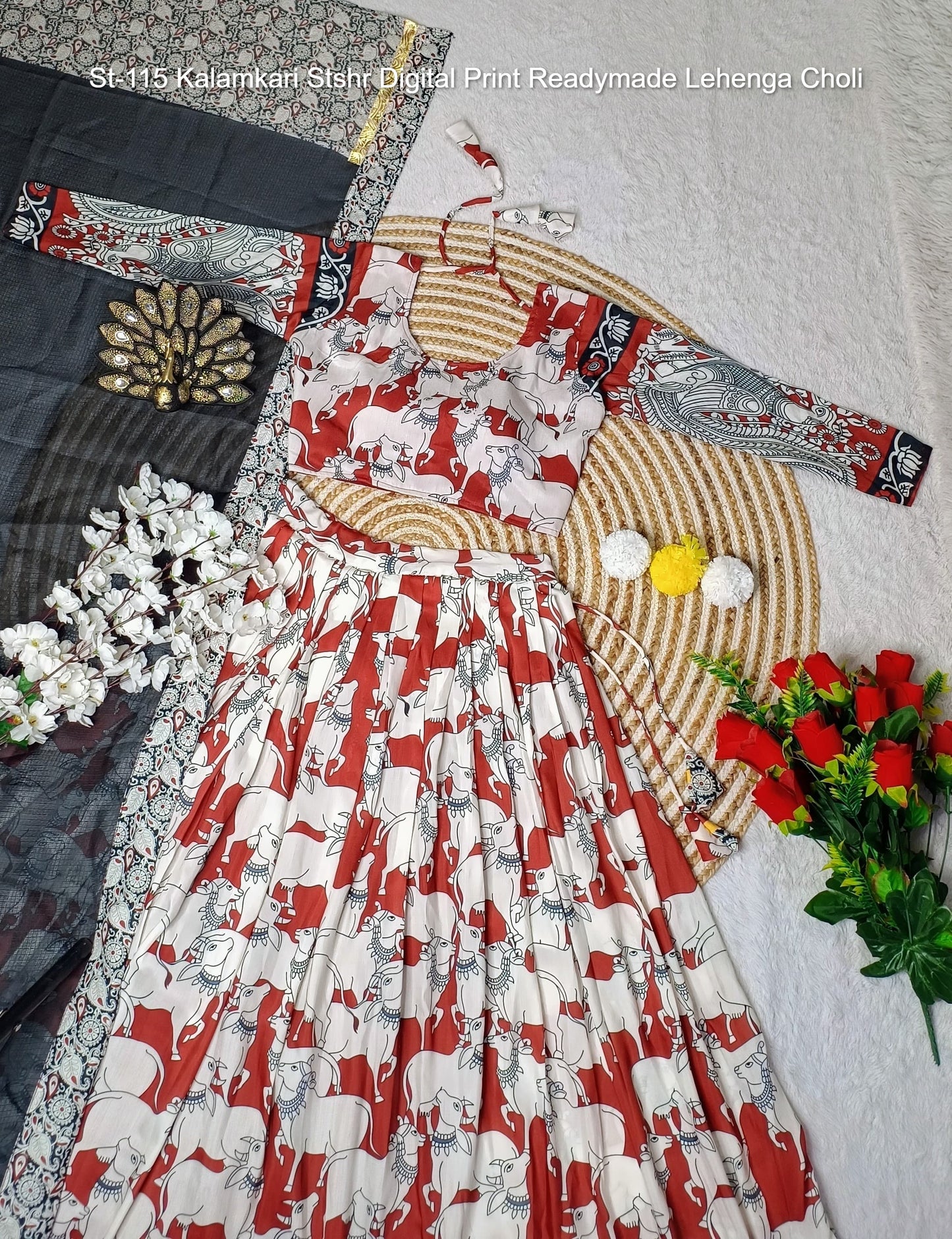 St-115 Kalamkari Stshr Digital Print Readymade Lehenga Choli
