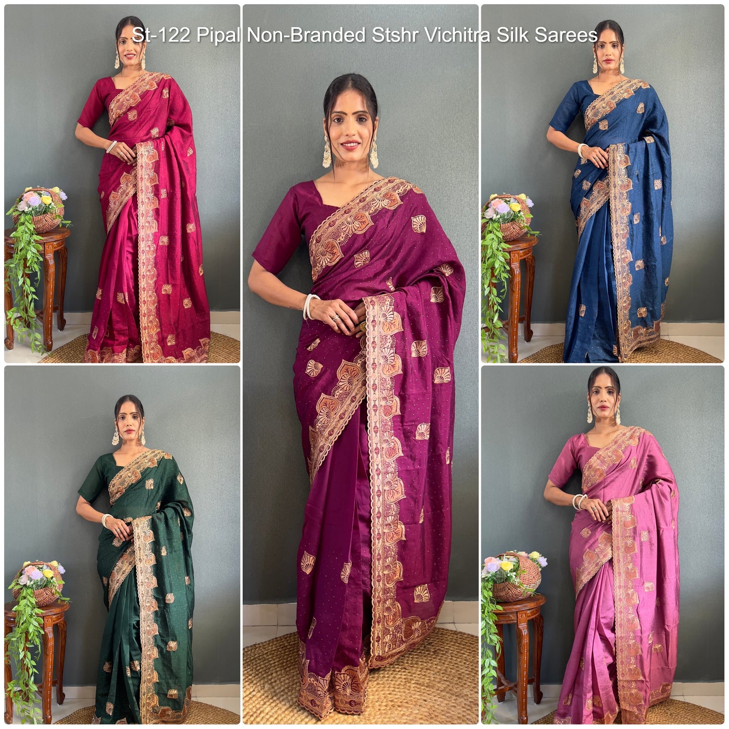 St-122 Pipal Non-Branded Stshr Vichitra Silk Sarees