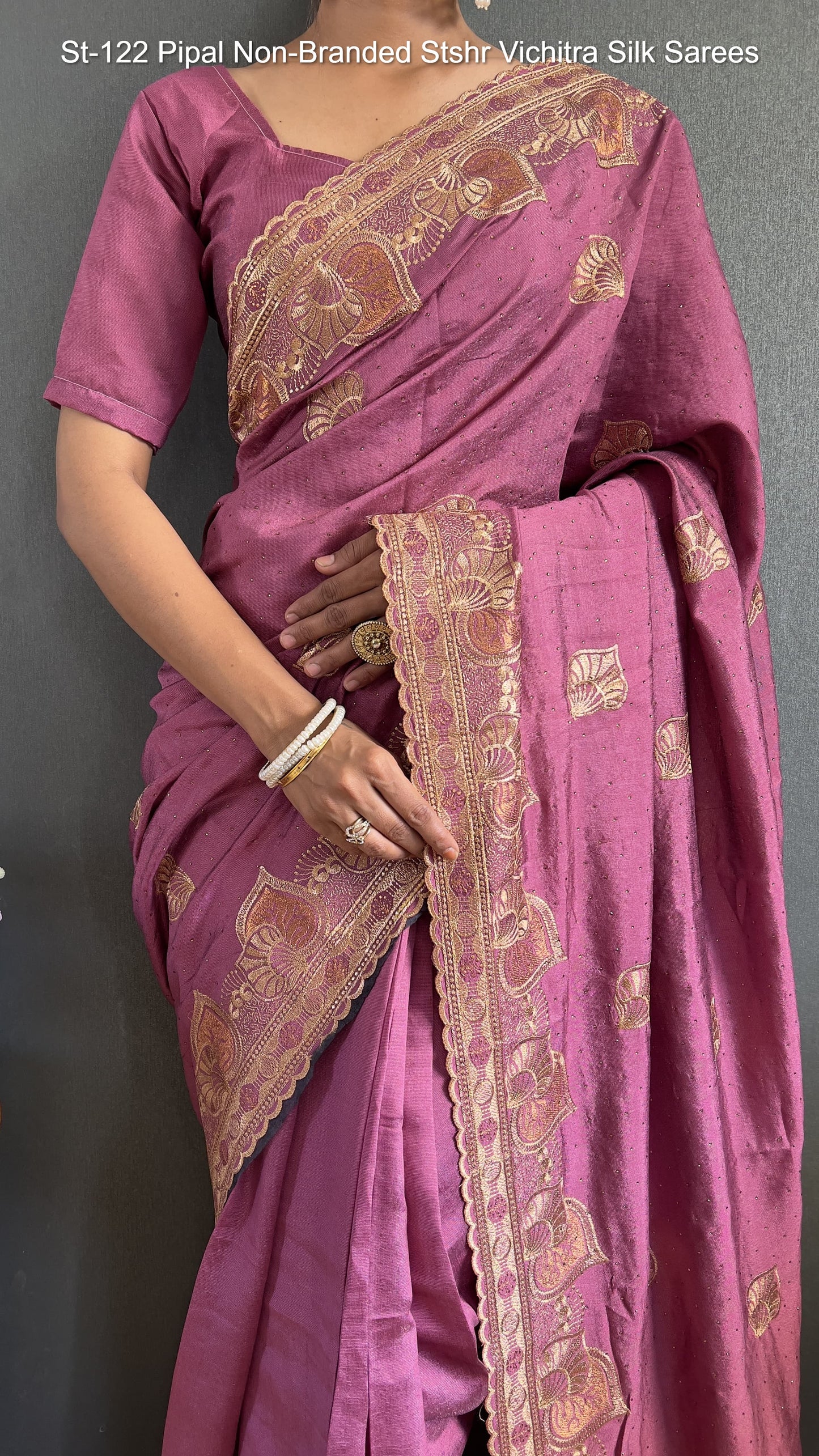St-122 Pipal Non-Branded Stshr Vichitra Silk Sarees