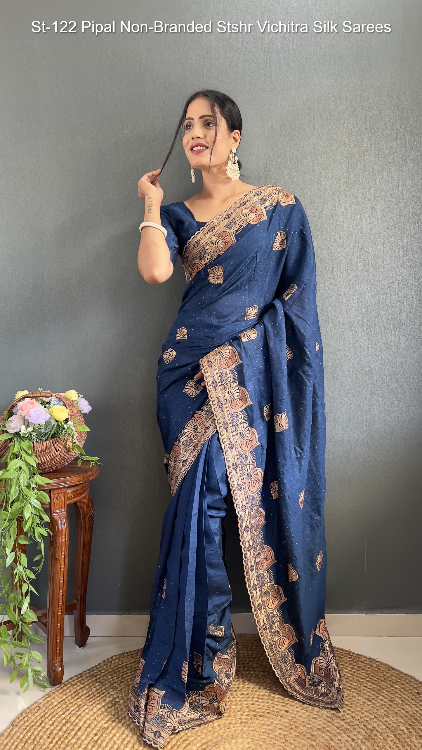 St-122 Pipal Non-Branded Stshr Vichitra Silk Sarees