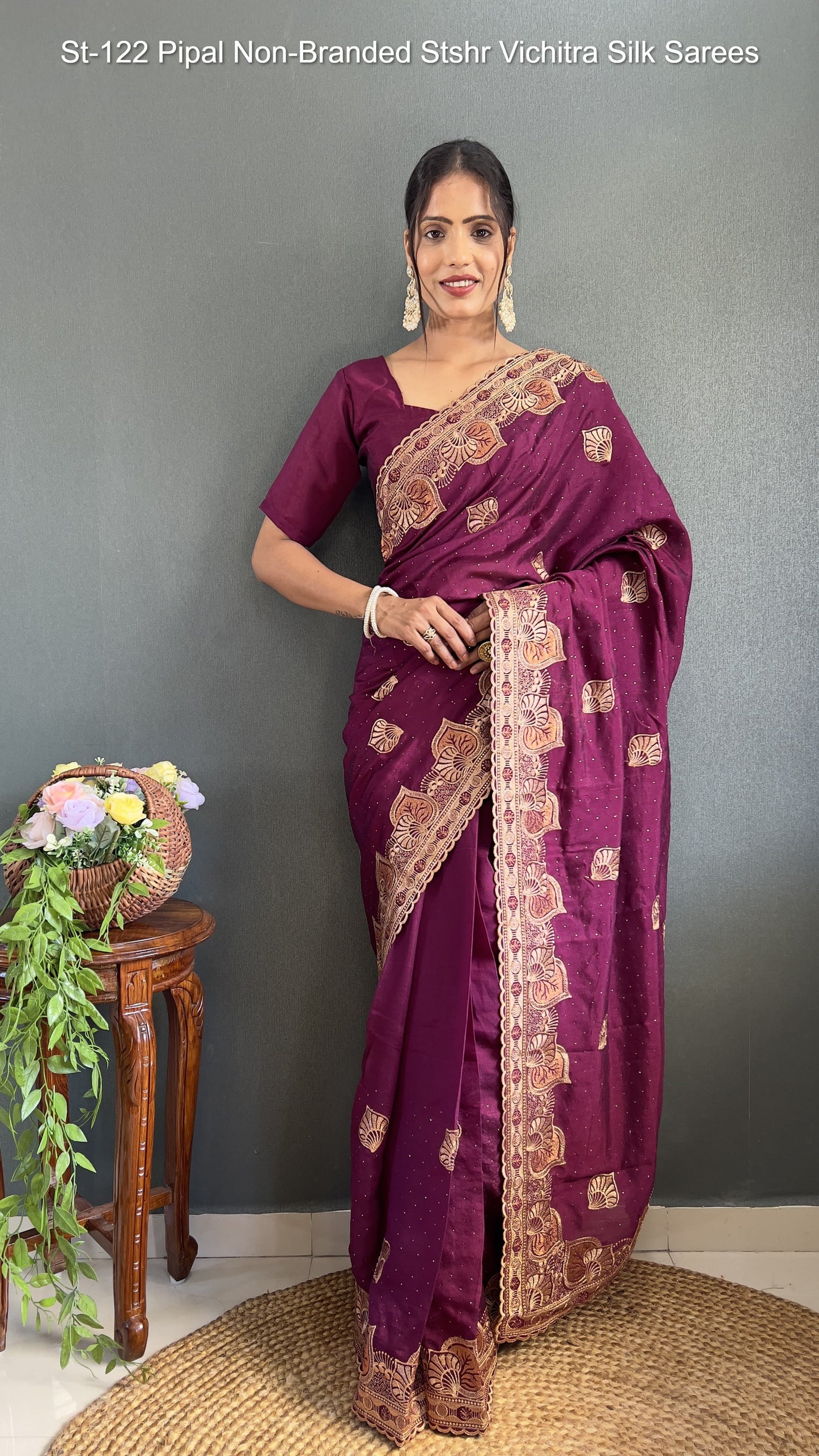 St-122 Pipal Non-Branded Stshr Vichitra Silk Sarees