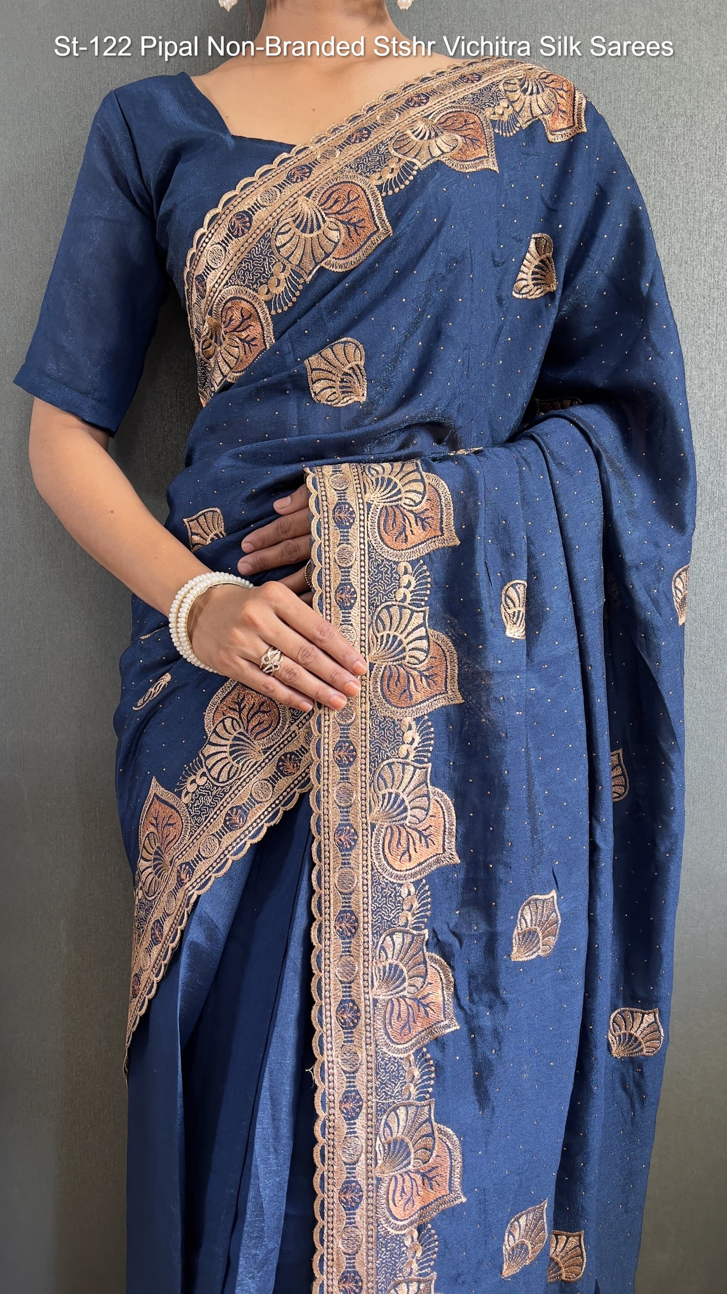 St-122 Pipal Non-Branded Stshr Vichitra Silk Sarees