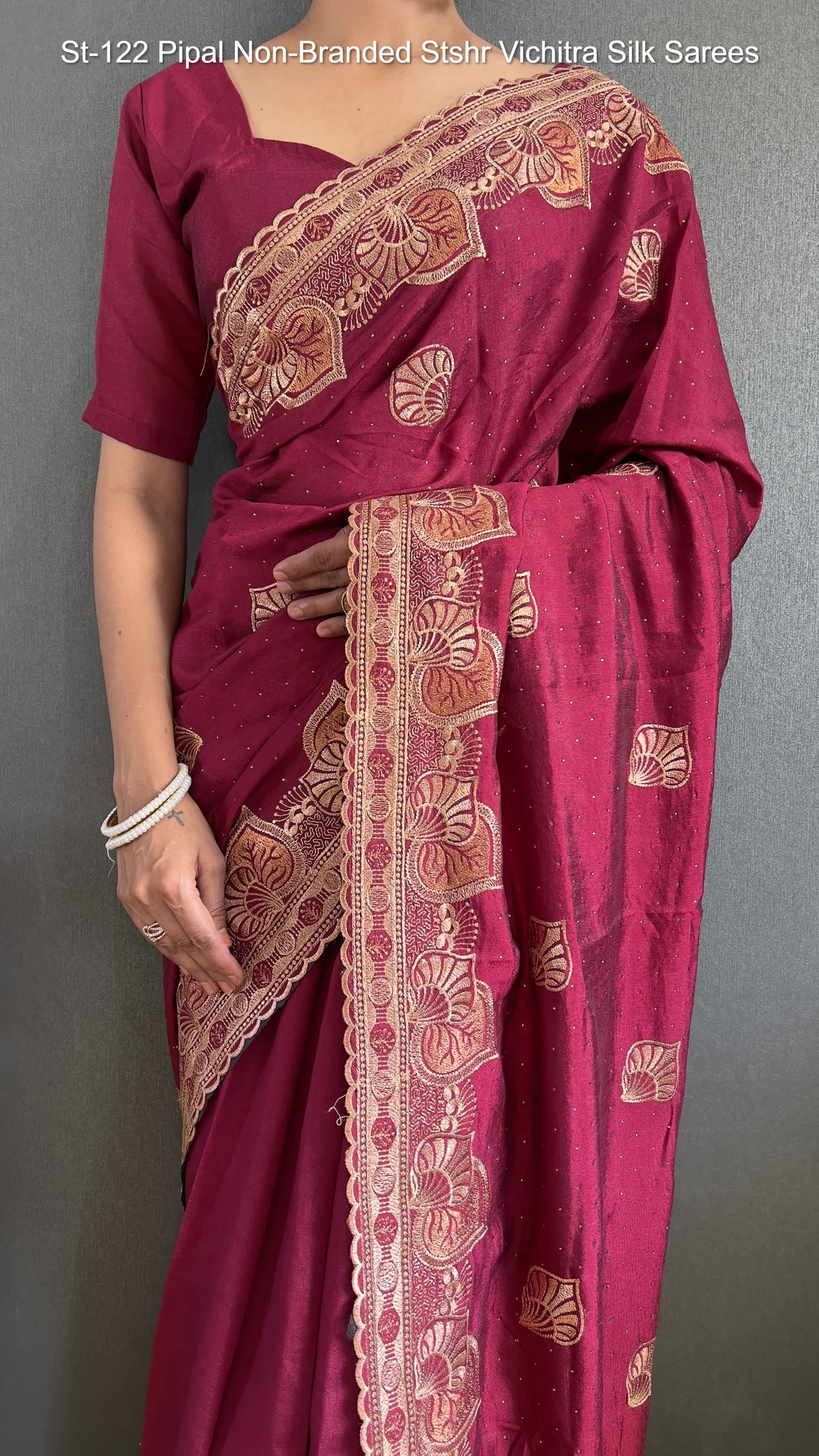 St-122 Pipal Non-Branded Stshr Vichitra Silk Sarees