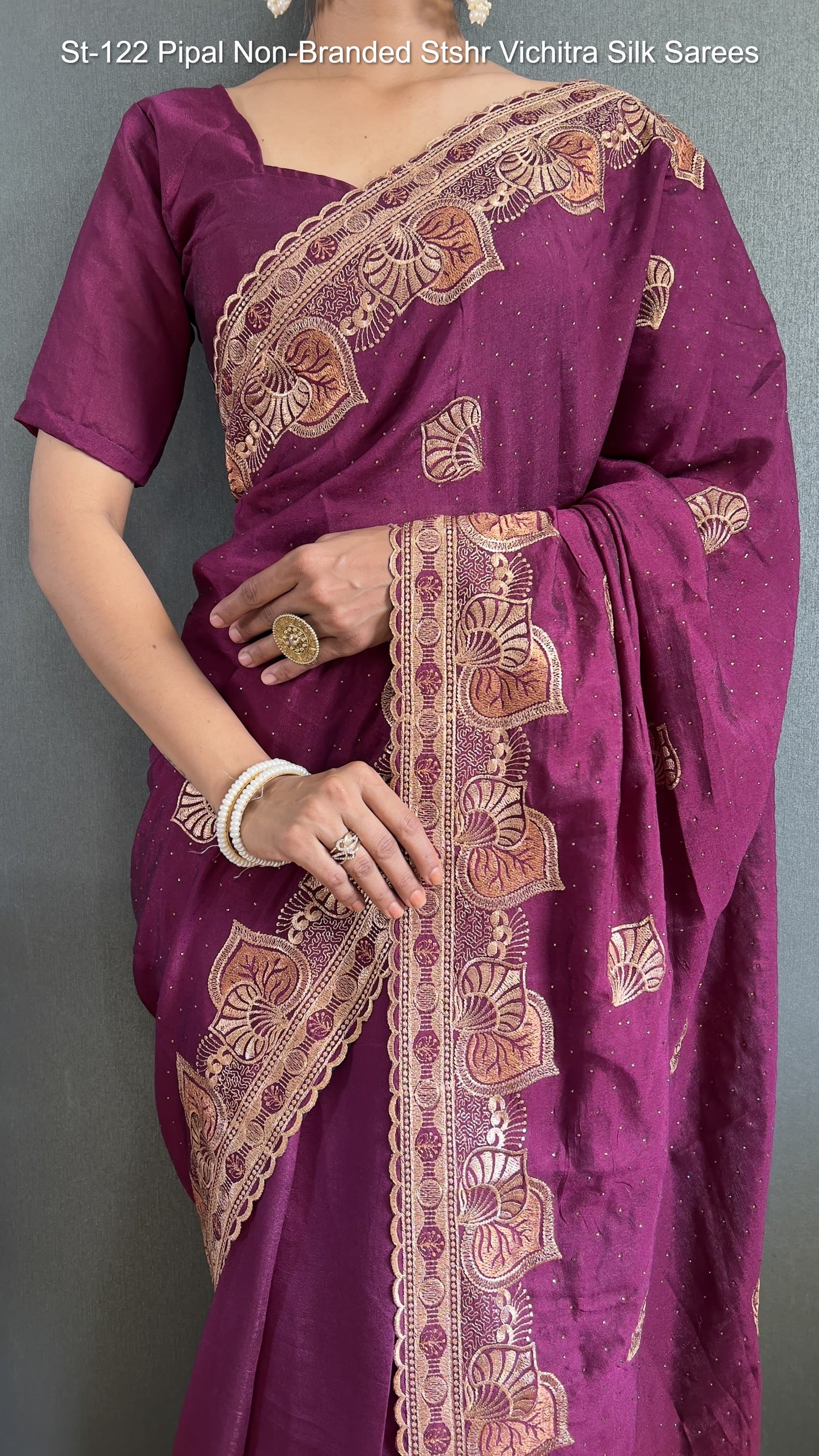 St-122 Pipal Non-Branded Stshr Vichitra Silk Sarees