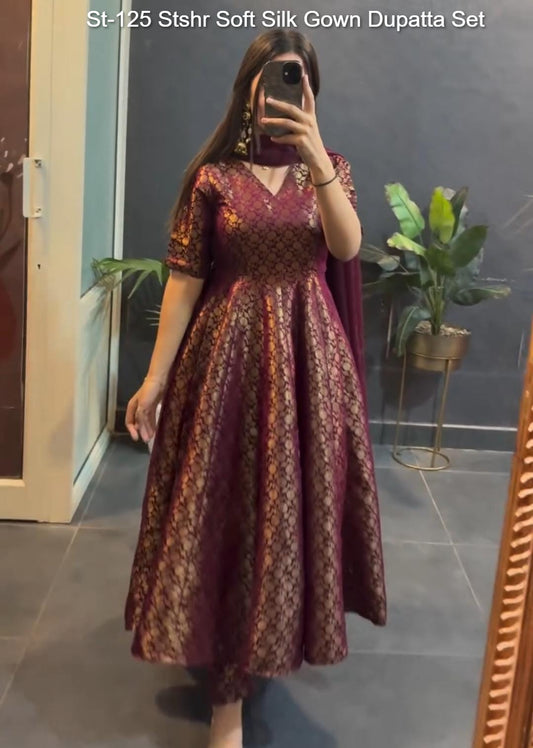 St-125 Stshr Soft Silk Gown Dupatta Set