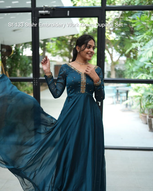 St-133 Stshr Embroidery Work Gown Dupatta Set