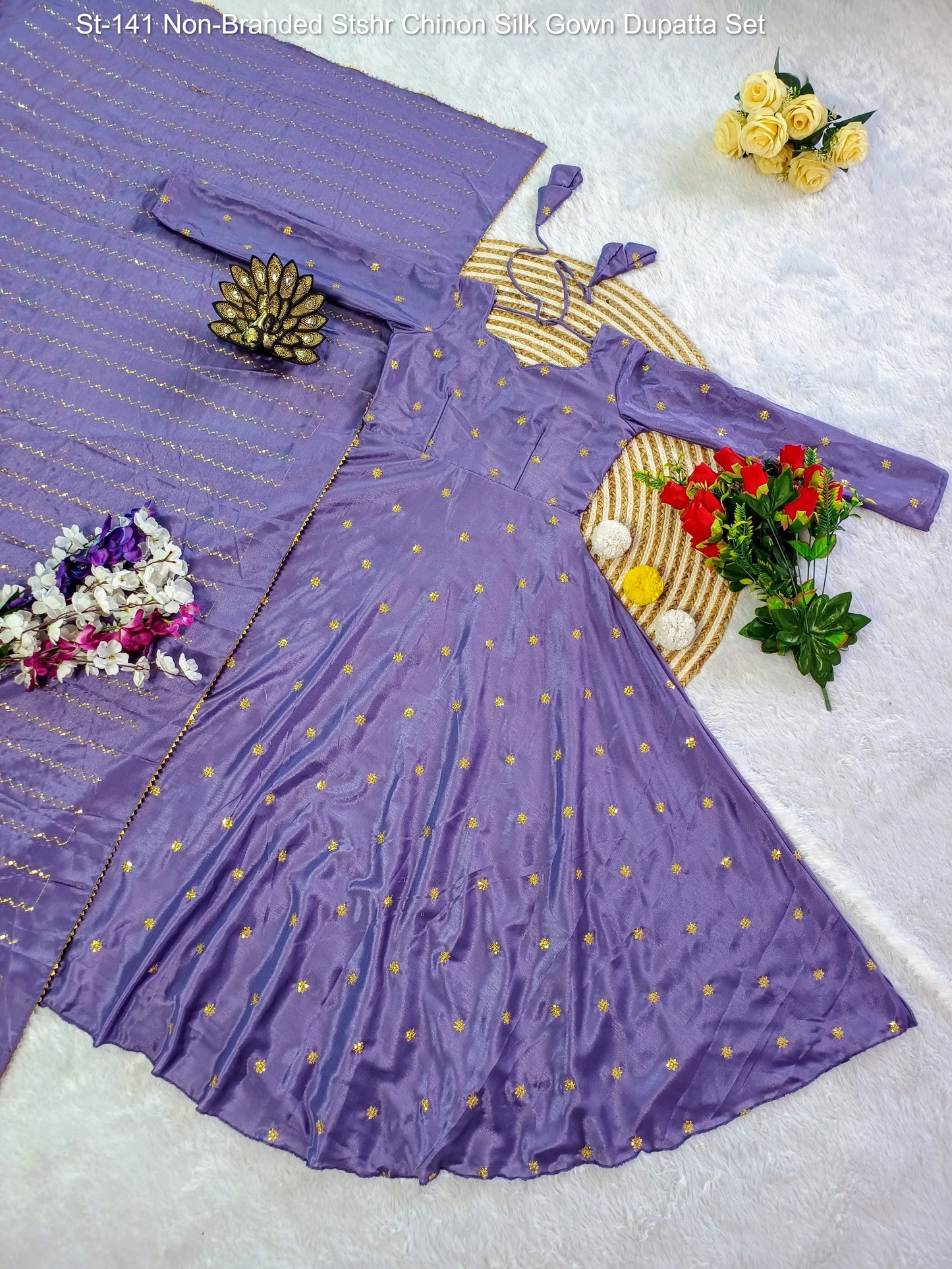 St-141 Non-Branded Stshr Chinon Silk Gown Dupatta Set