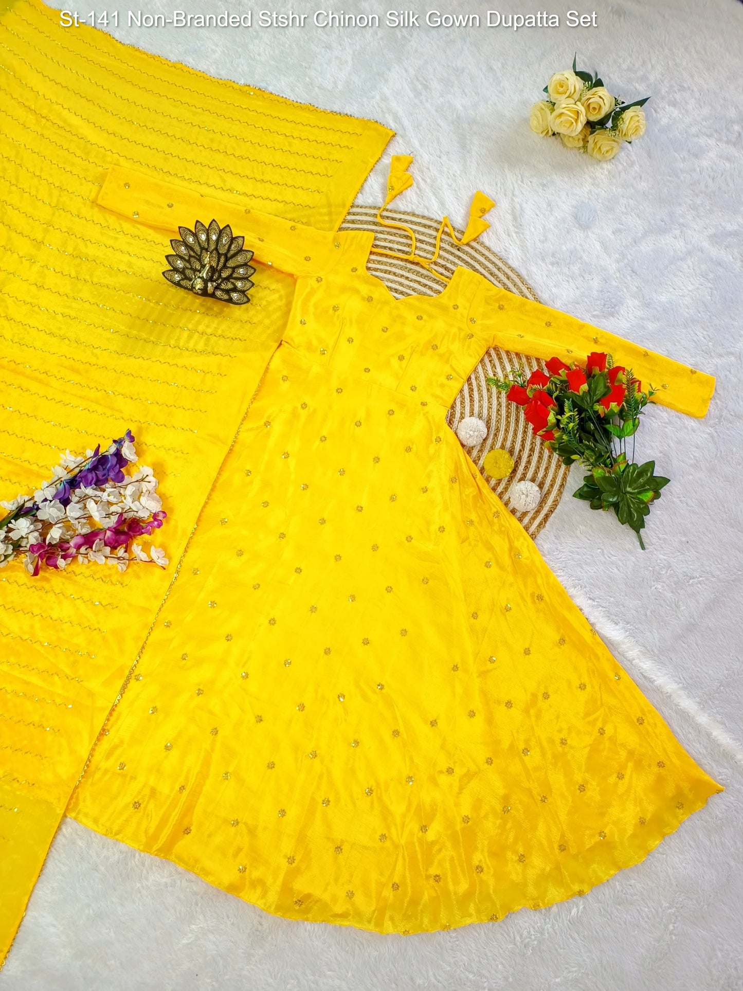 St-141 Non-Branded Stshr Chinon Silk Gown Dupatta Set