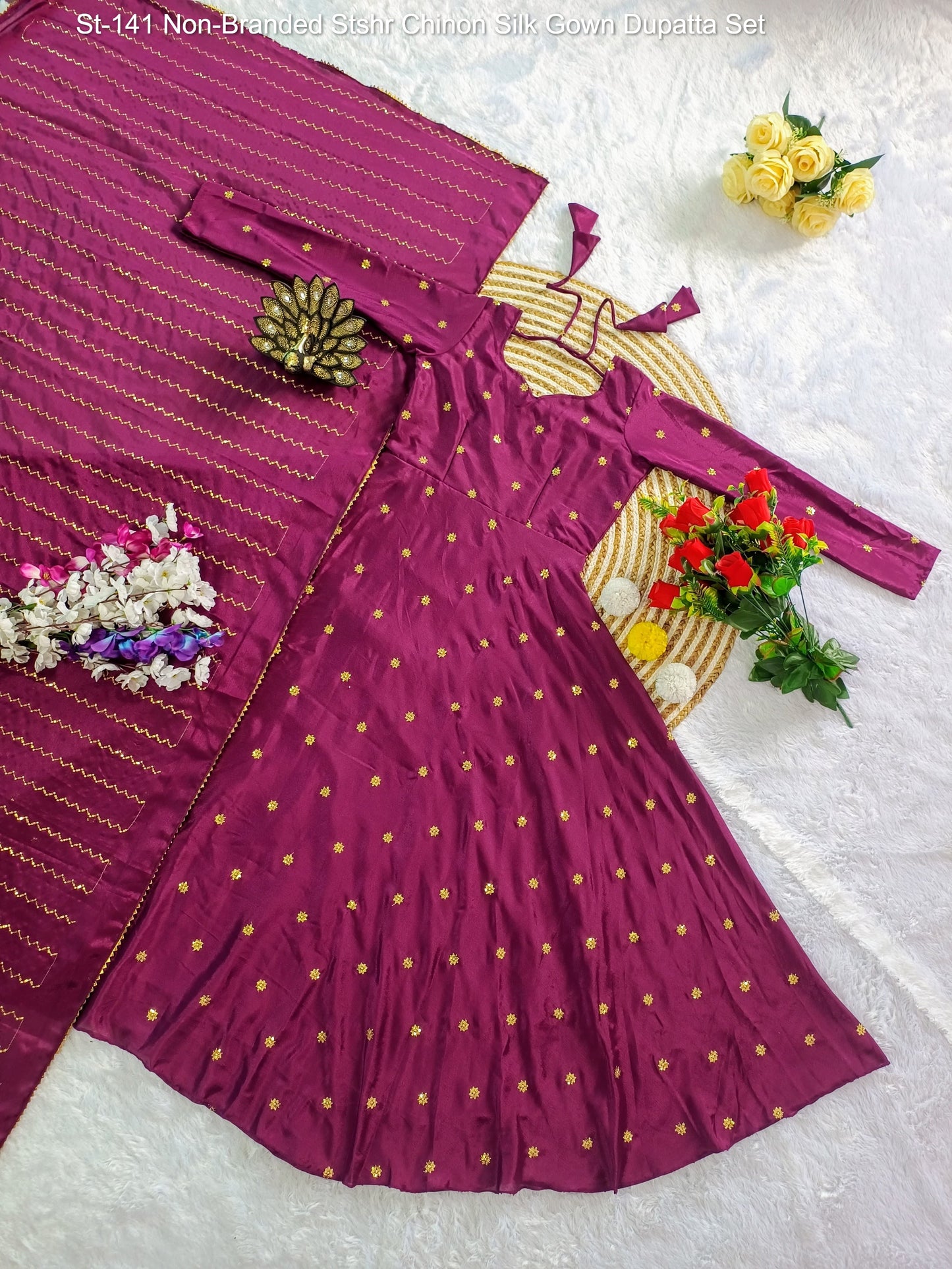 St-141 Non-Branded Stshr Chinon Silk Gown Dupatta Set