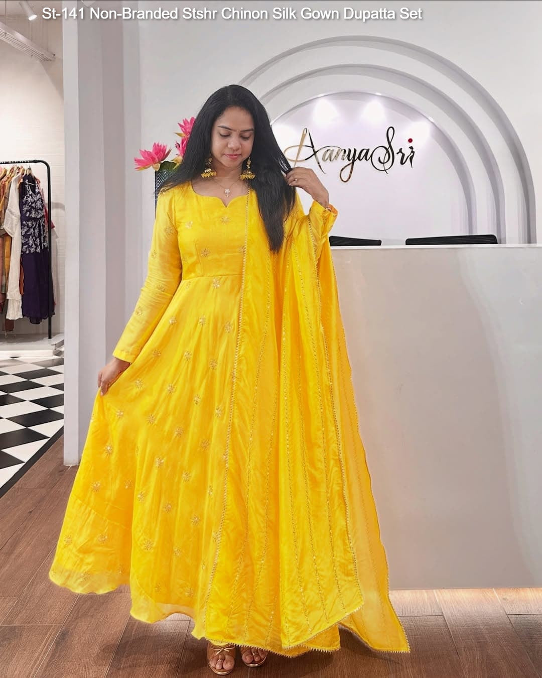 St-141 Non-Branded Stshr Chinon Silk Gown Dupatta Set