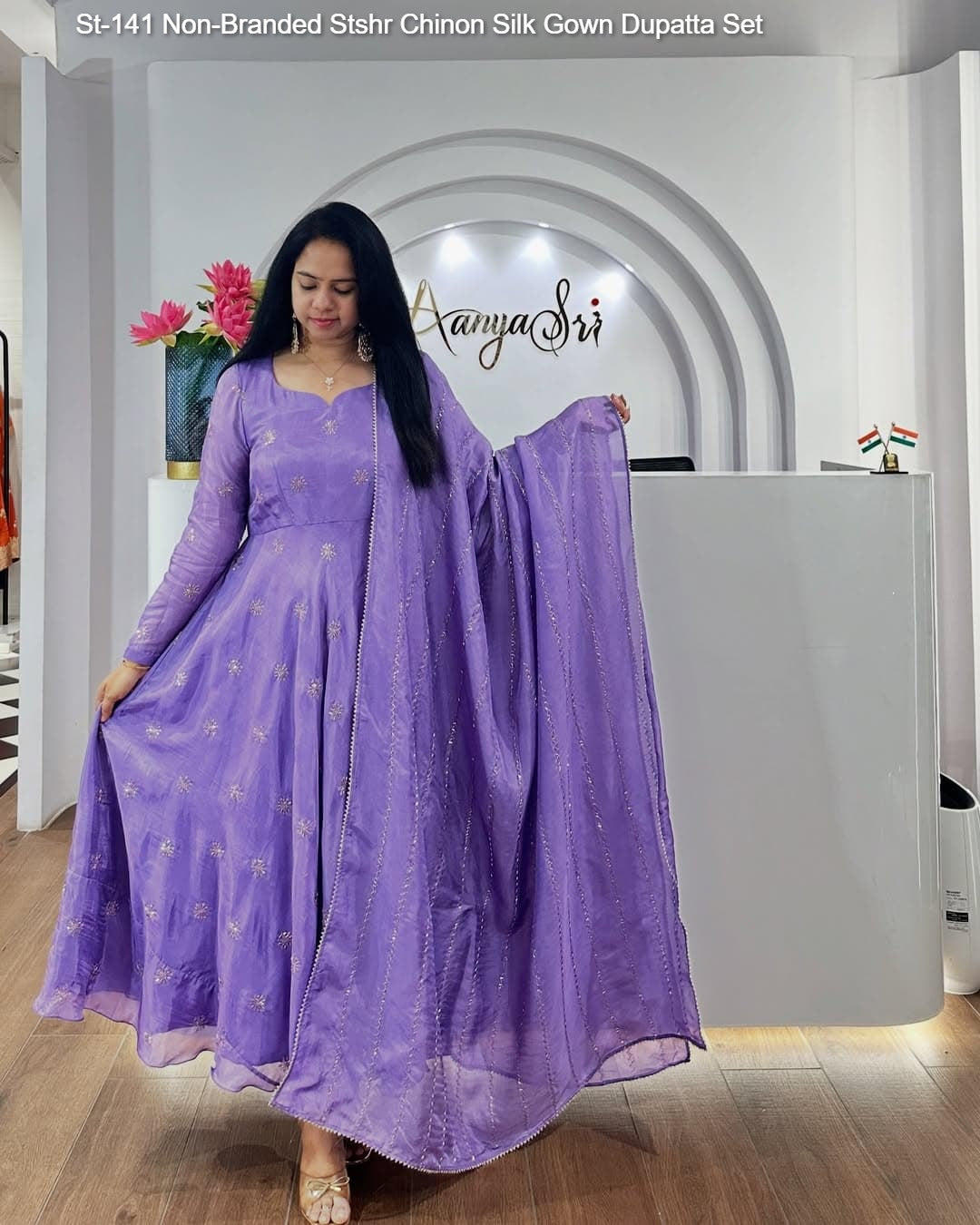 St-141 Non-Branded Stshr Chinon Silk Gown Dupatta Set