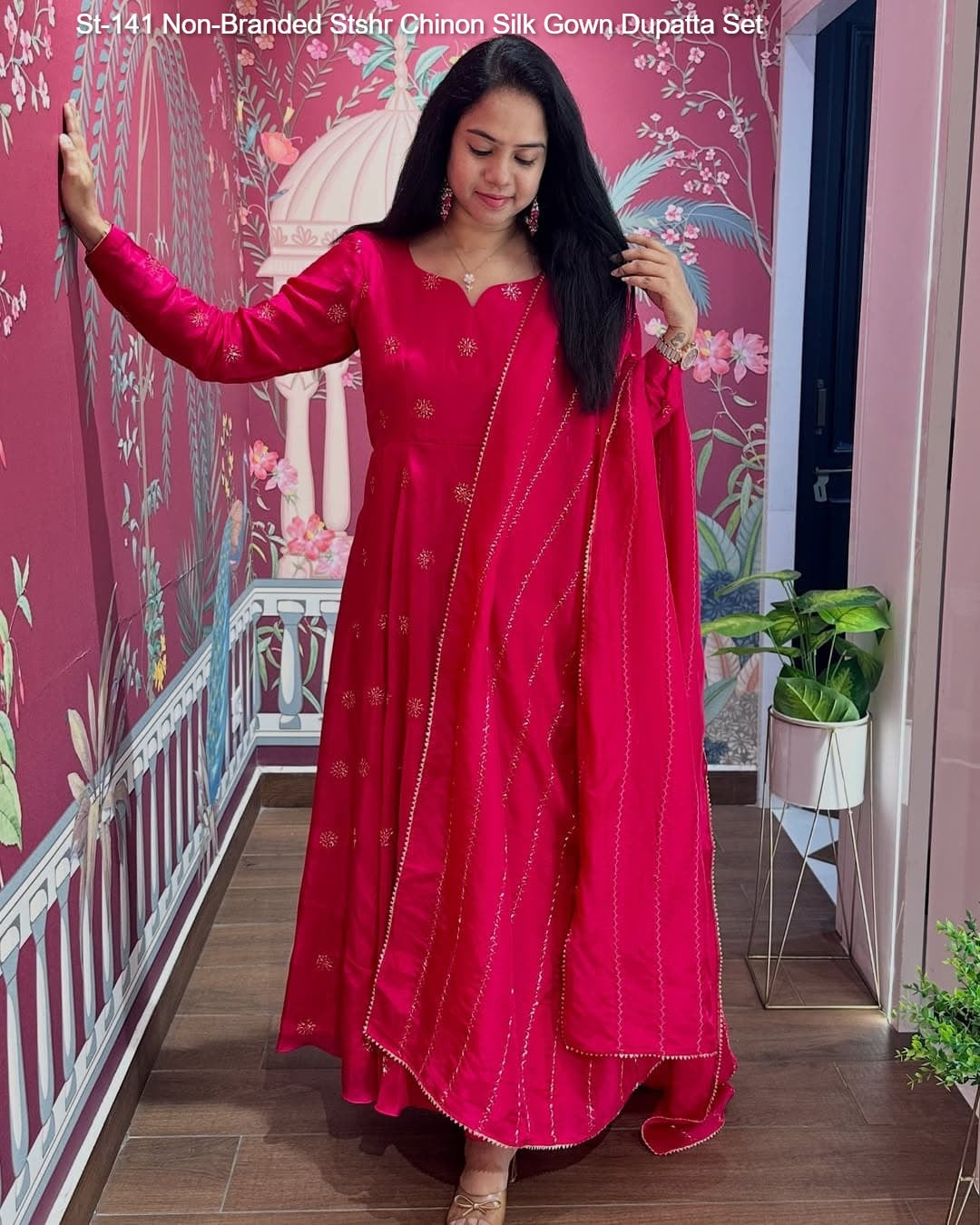 St-141 Non-Branded Stshr Chinon Silk Gown Dupatta Set