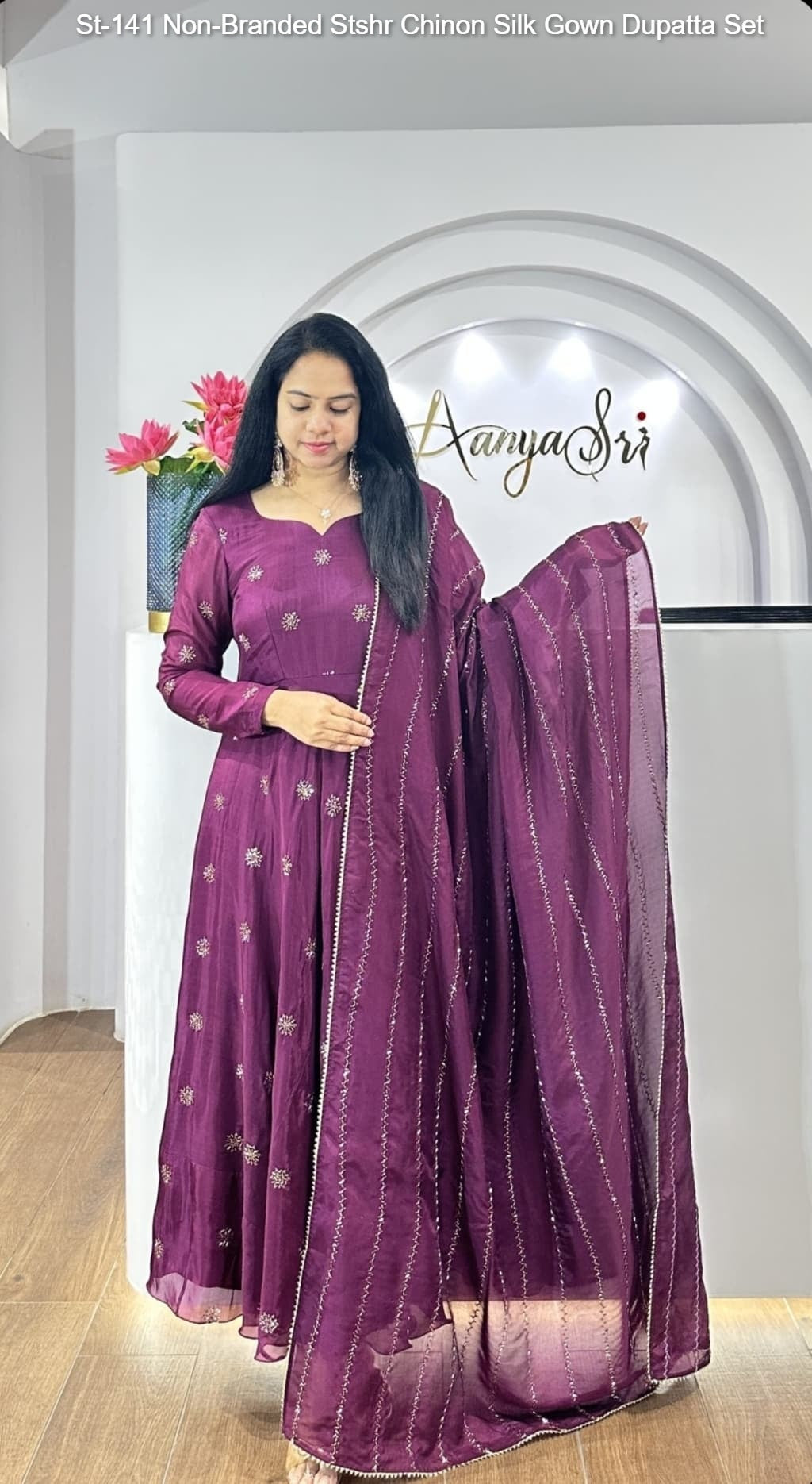 St-141 Non-Branded Stshr Chinon Silk Gown Dupatta Set