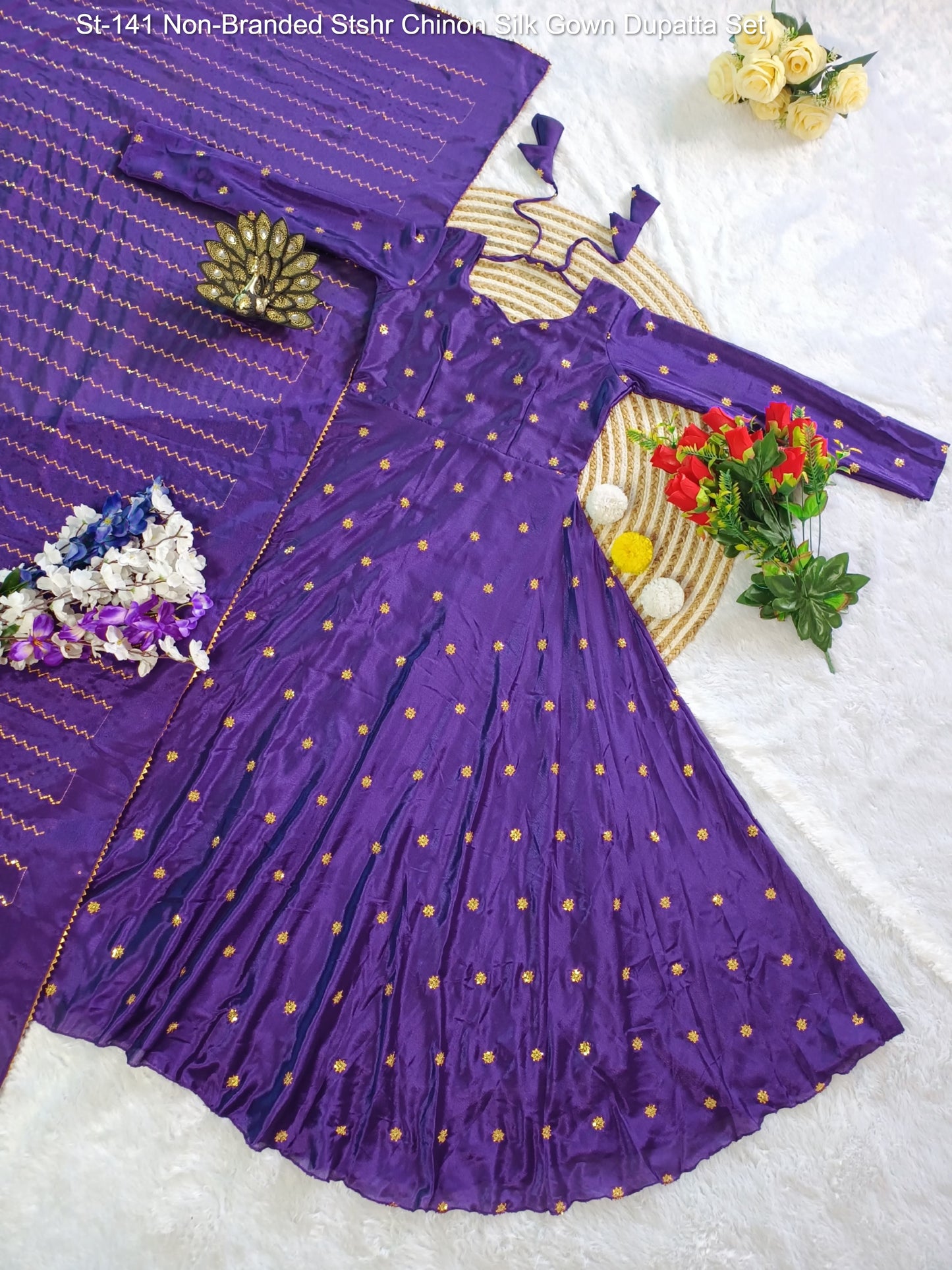 St-141 Non-Branded Stshr Chinon Silk Gown Dupatta Set