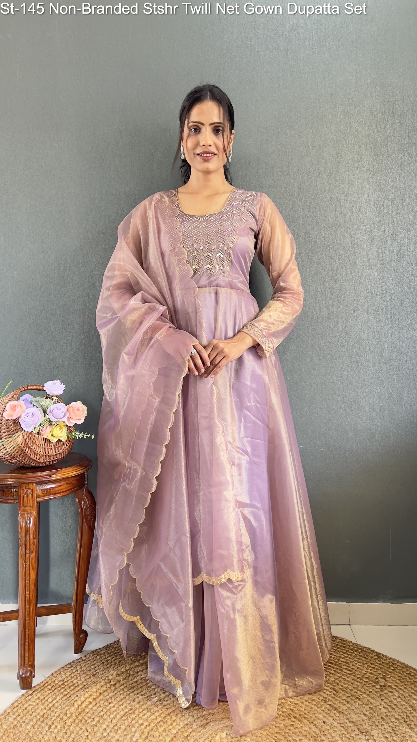 St-145 Non-Branded Stshr Twill Net Gown Dupatta Set
