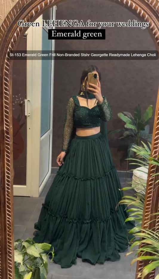 St-153 Emerald Green Frill Non-Branded Stshr Georgette Readymade Lehenga Choli