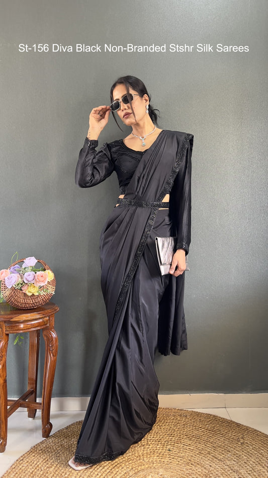 St-156 Diva Black Non-Branded Stshr Silk Sarees