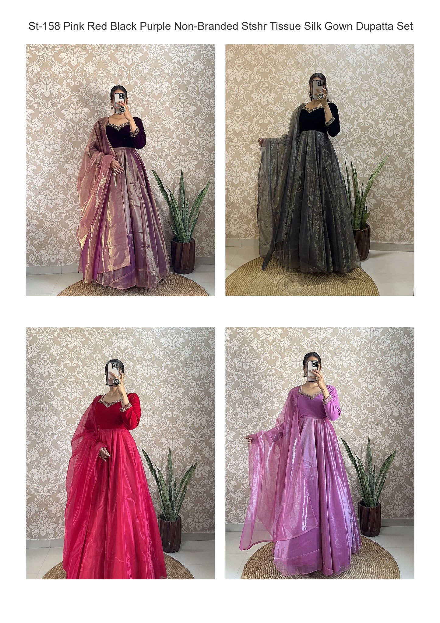 St-158 Pink Red Black Purple Non-Branded Stshr Tissue Silk Gown Dupatta Set