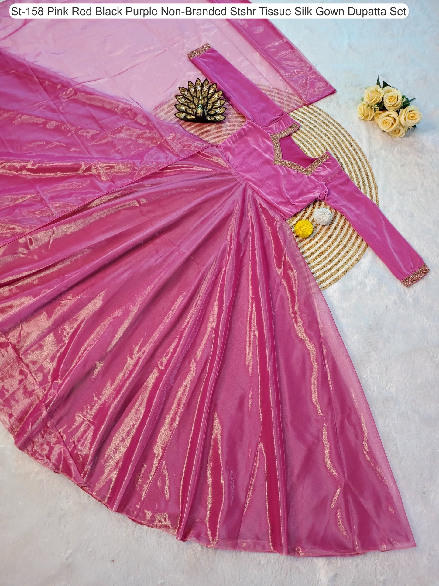 St-158 Pink Red Black Purple Non-Branded Stshr Tissue Silk Gown Dupatta Set