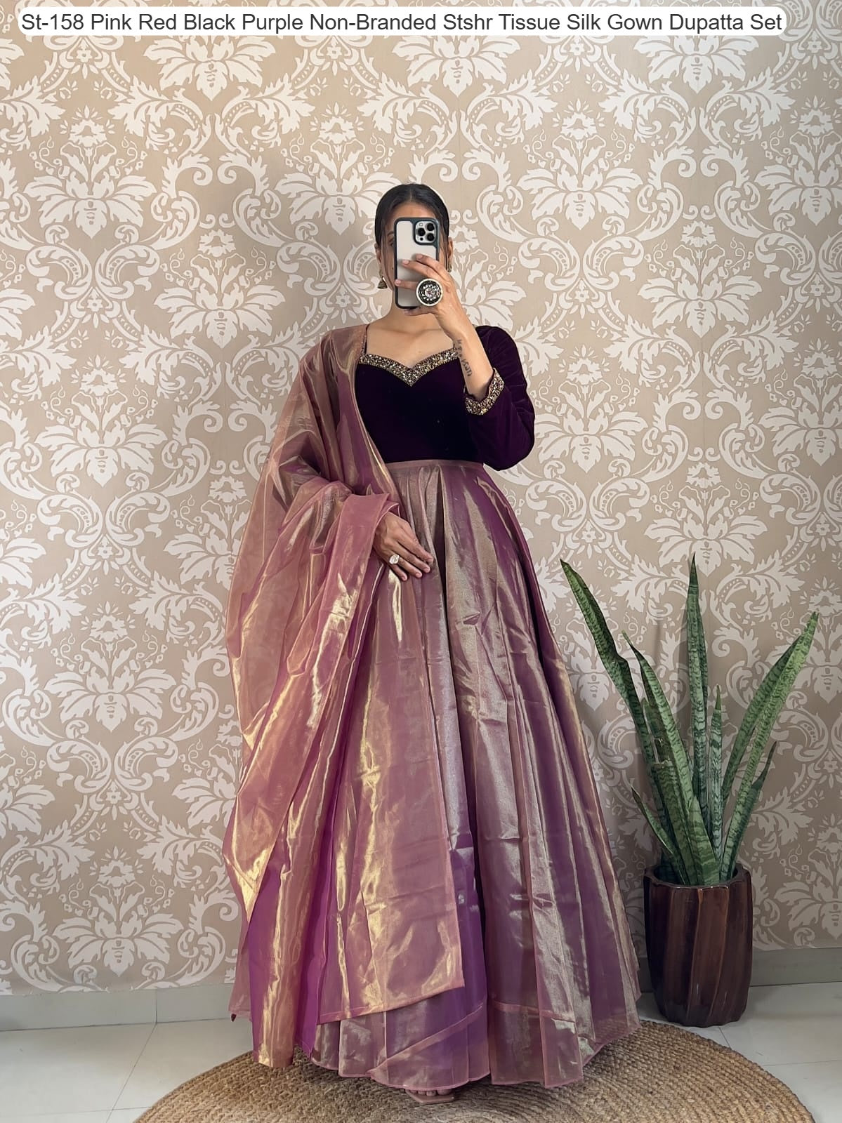 St-158 Pink Red Black Purple Non-Branded Stshr Tissue Silk Gown Dupatta Set