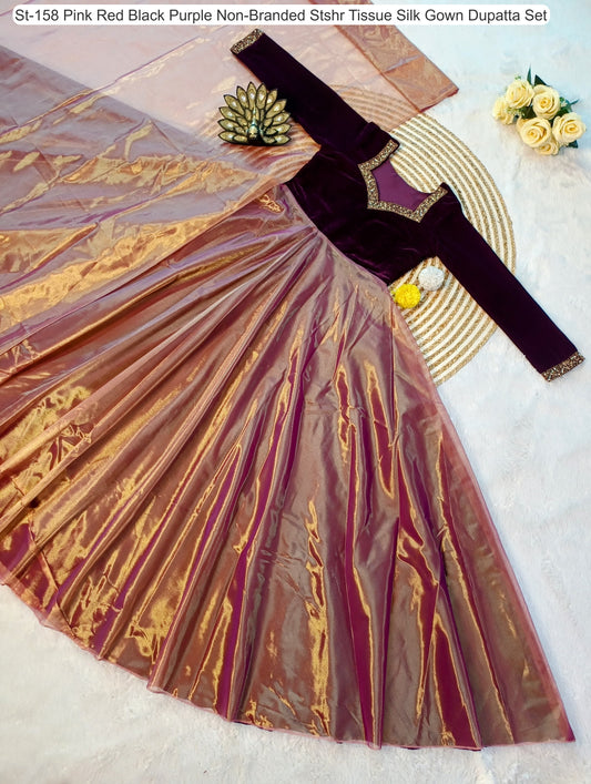 St-158 Pink Red Black Purple Non-Branded Stshr Tissue Silk Gown Dupatta Set