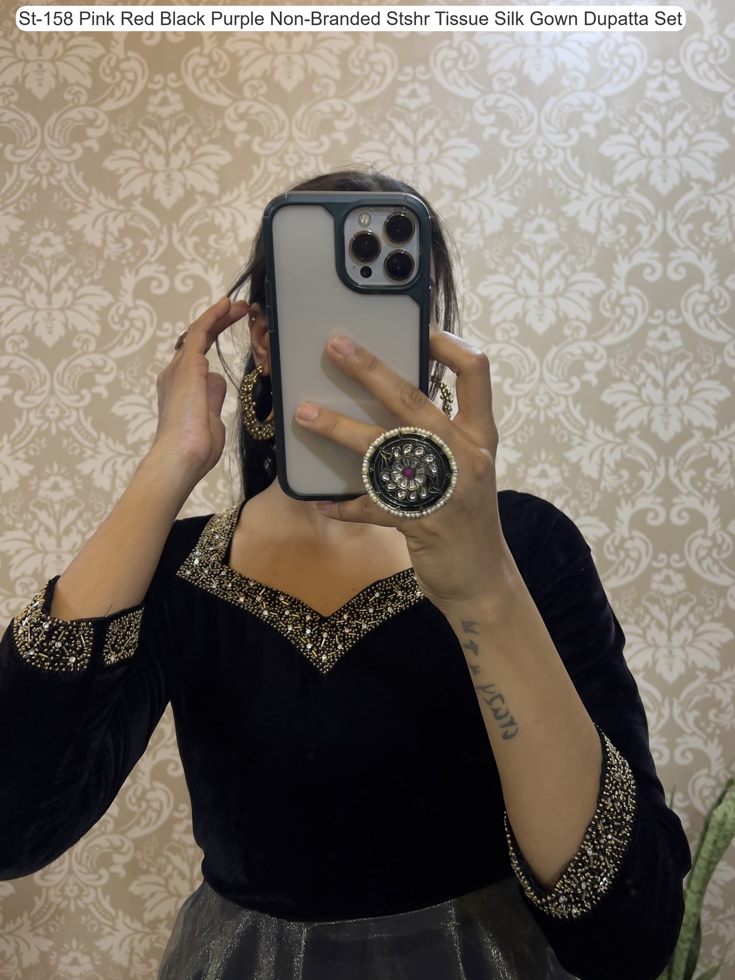 St-158 Pink Red Black Purple Non-Branded Stshr Tissue Silk Gown Dupatta Set