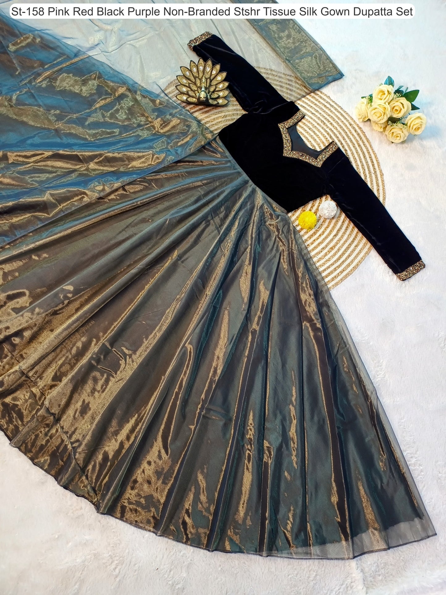 St-158 Pink Red Black Purple Non-Branded Stshr Tissue Silk Gown Dupatta Set