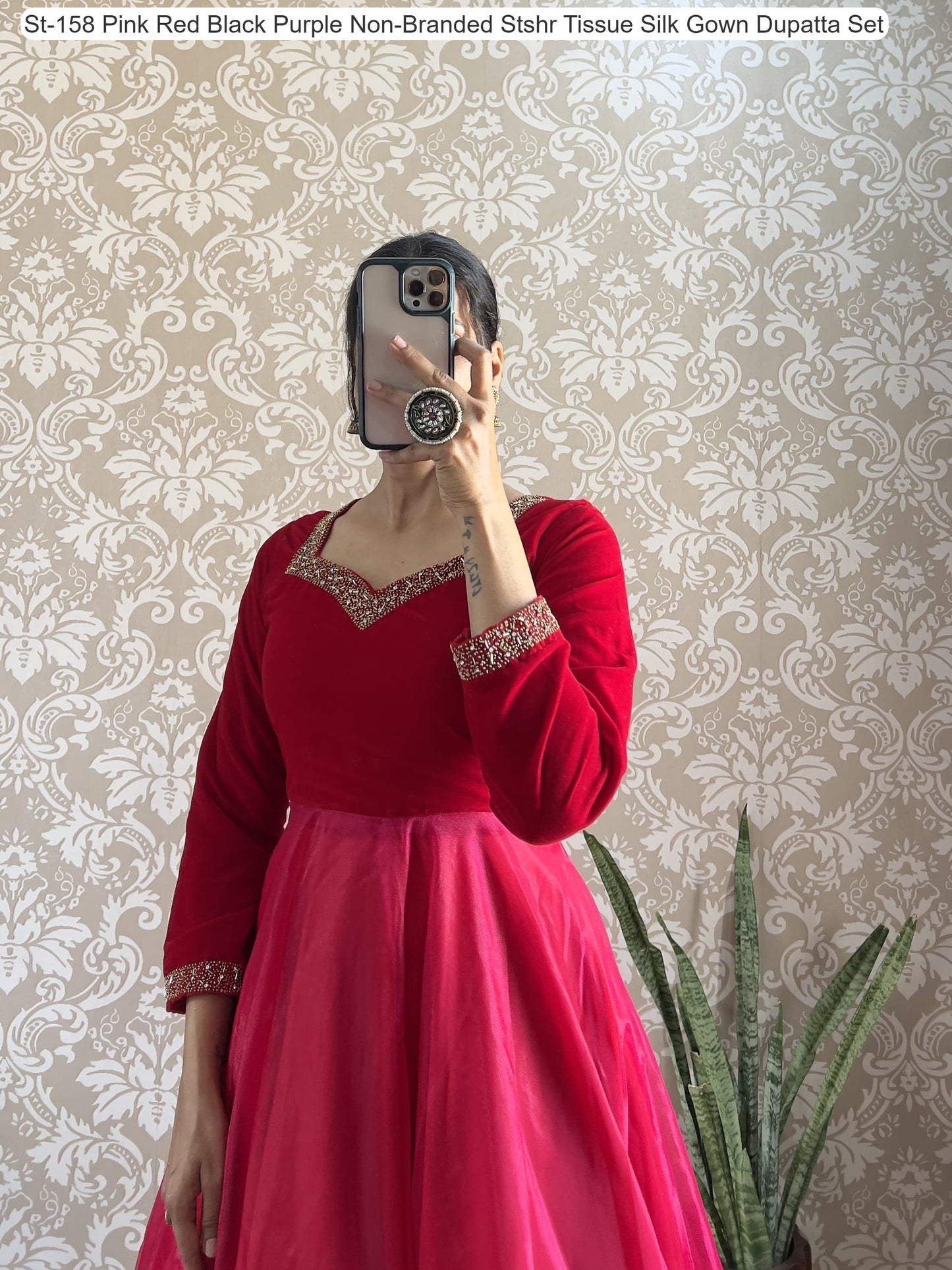 St-158 Pink Red Black Purple Non-Branded Stshr Tissue Silk Gown Dupatta Set