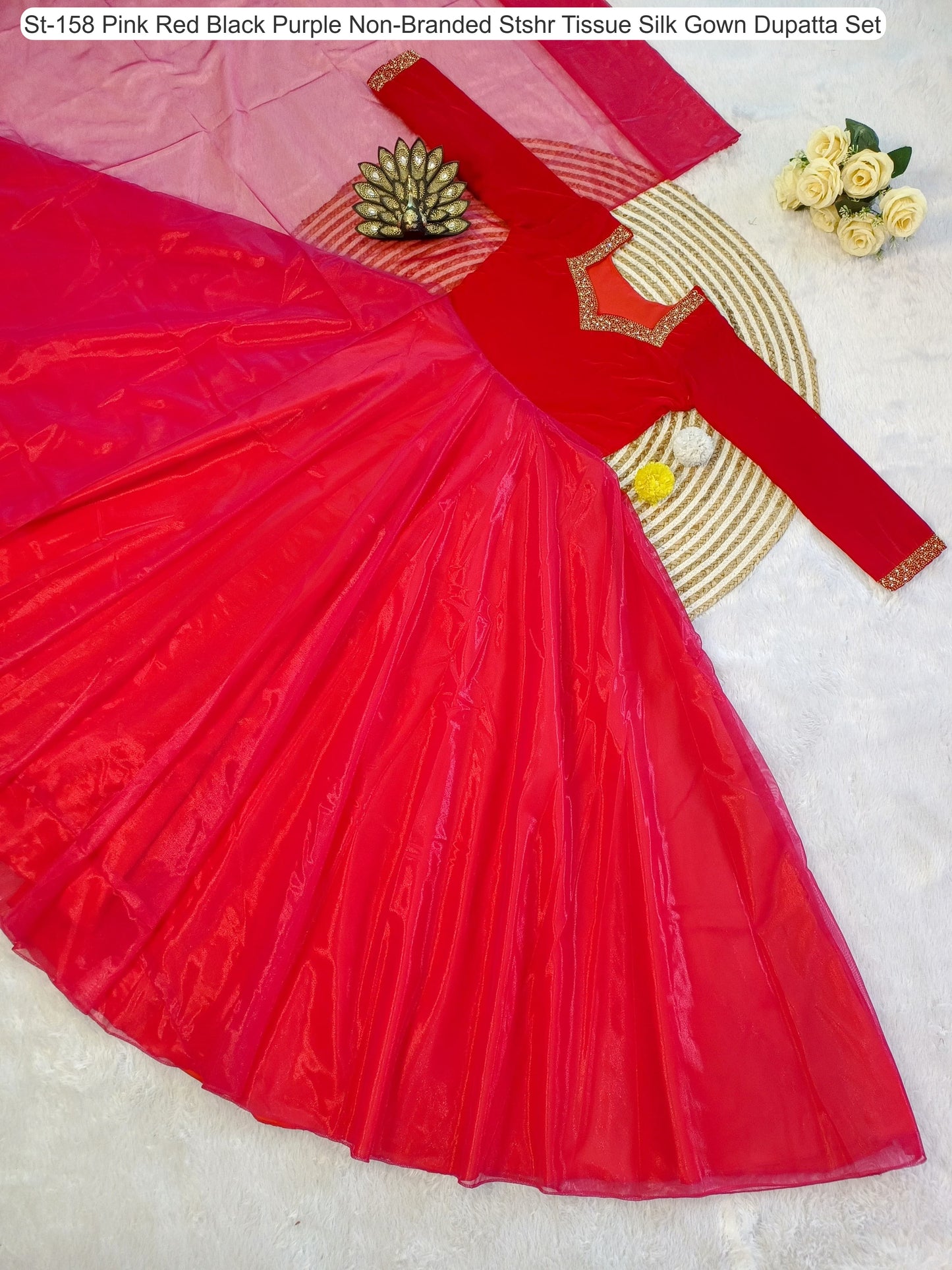 St-158 Pink Red Black Purple Non-Branded Stshr Tissue Silk Gown Dupatta Set