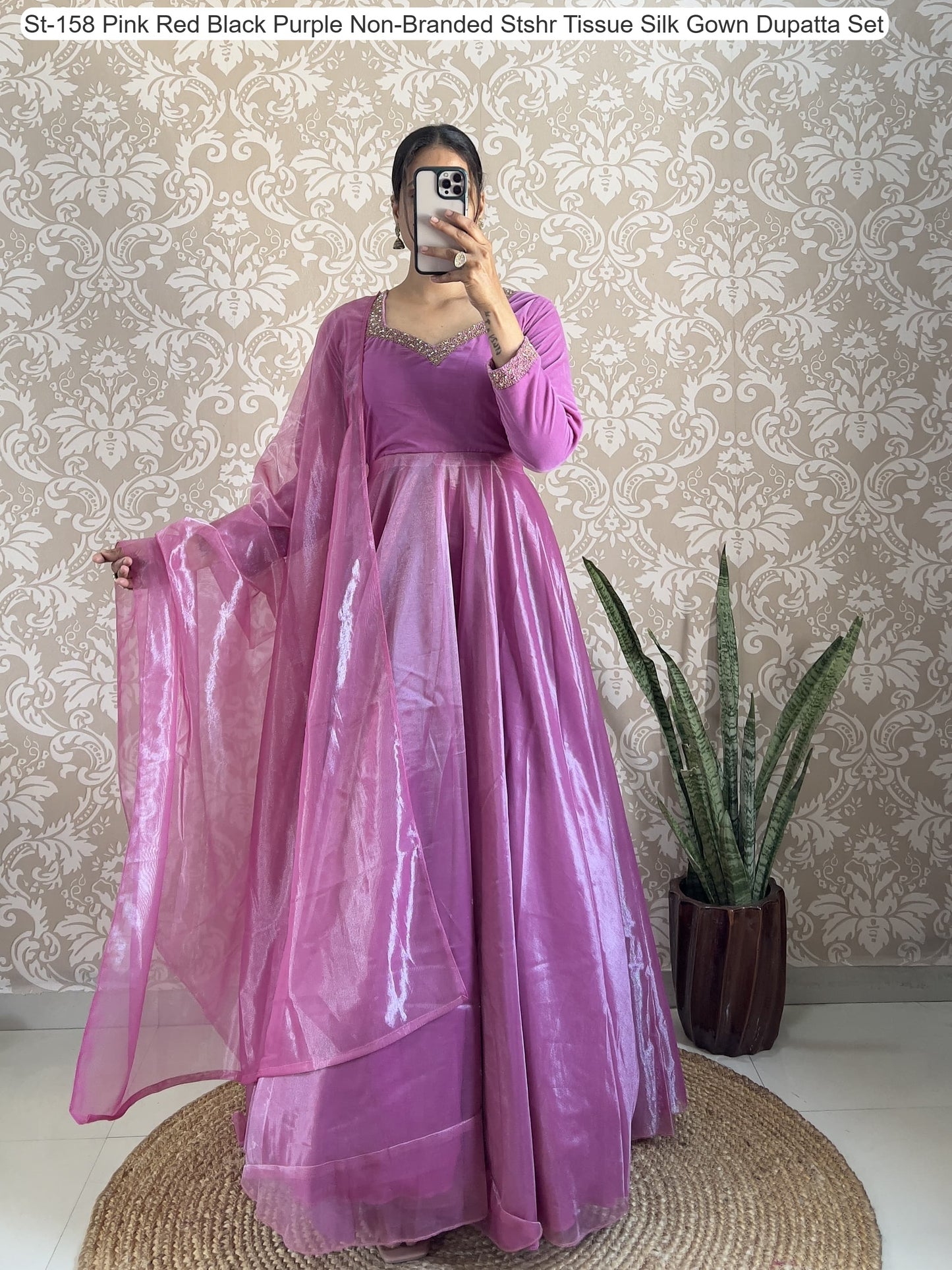 St-158 Pink Red Black Purple Non-Branded Stshr Tissue Silk Gown Dupatta Set