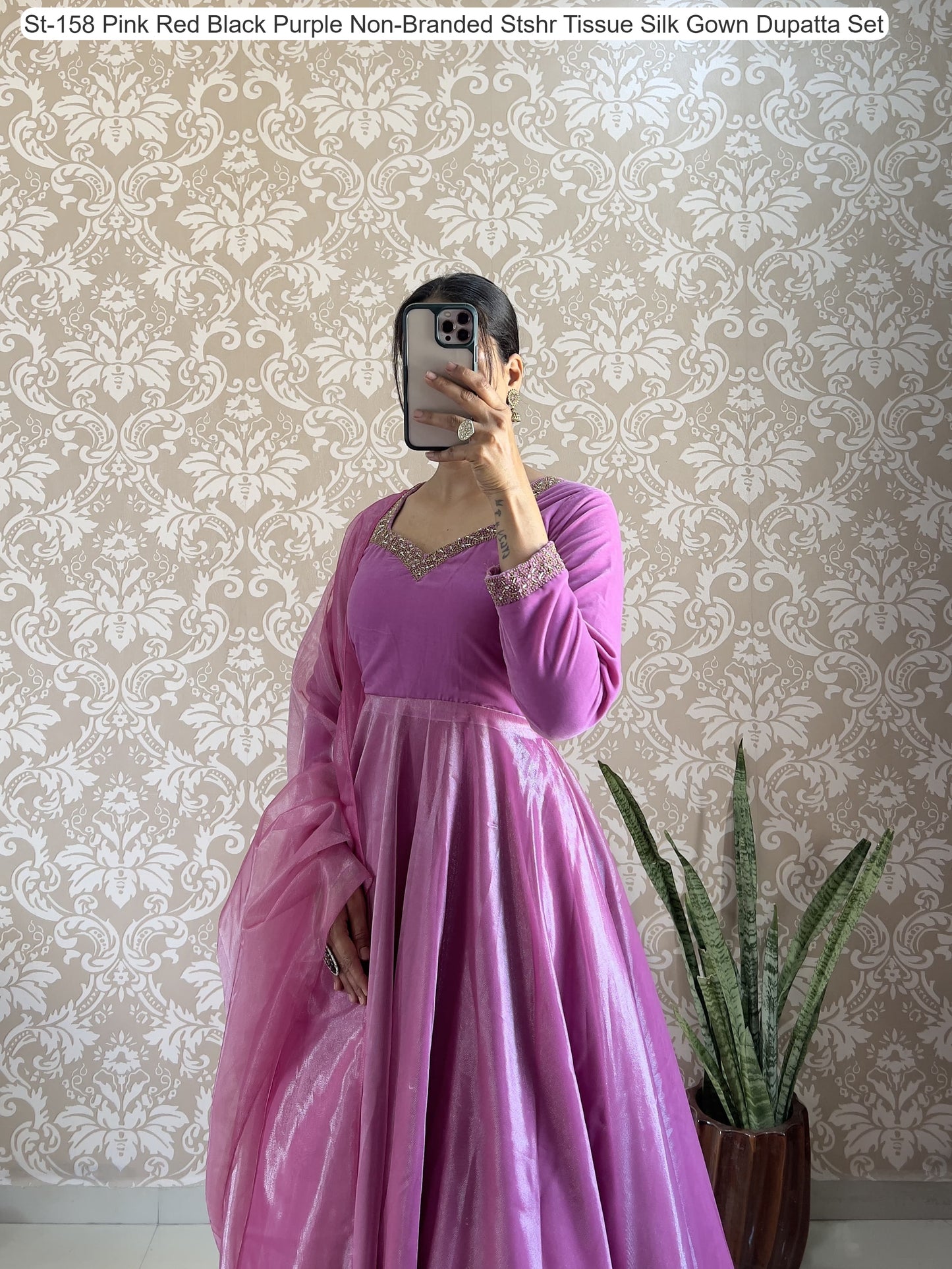 St-158 Pink Red Black Purple Non-Branded Stshr Tissue Silk Gown Dupatta Set