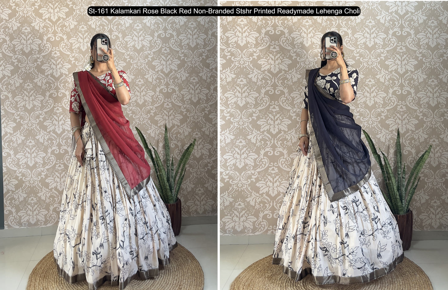 St-161 Kalamkari Rose Black Red Non-Branded Stshr Printed Readymade Lehenga Choli