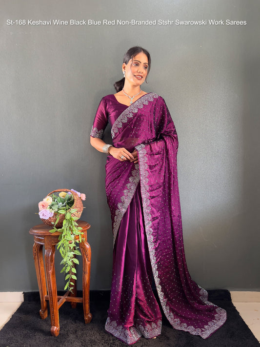 St-168 Keshavi Wine Black Blue Red Non-Branded Stshr Swarowski Work Sarees