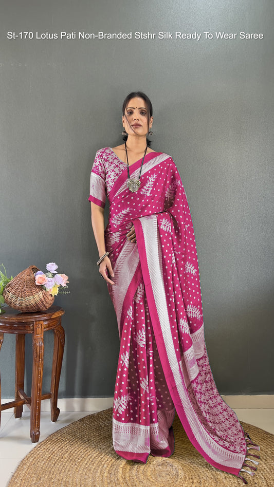 St-170 Lotus Pati Non-Branded Stshr Silk Ready To Wear Saree