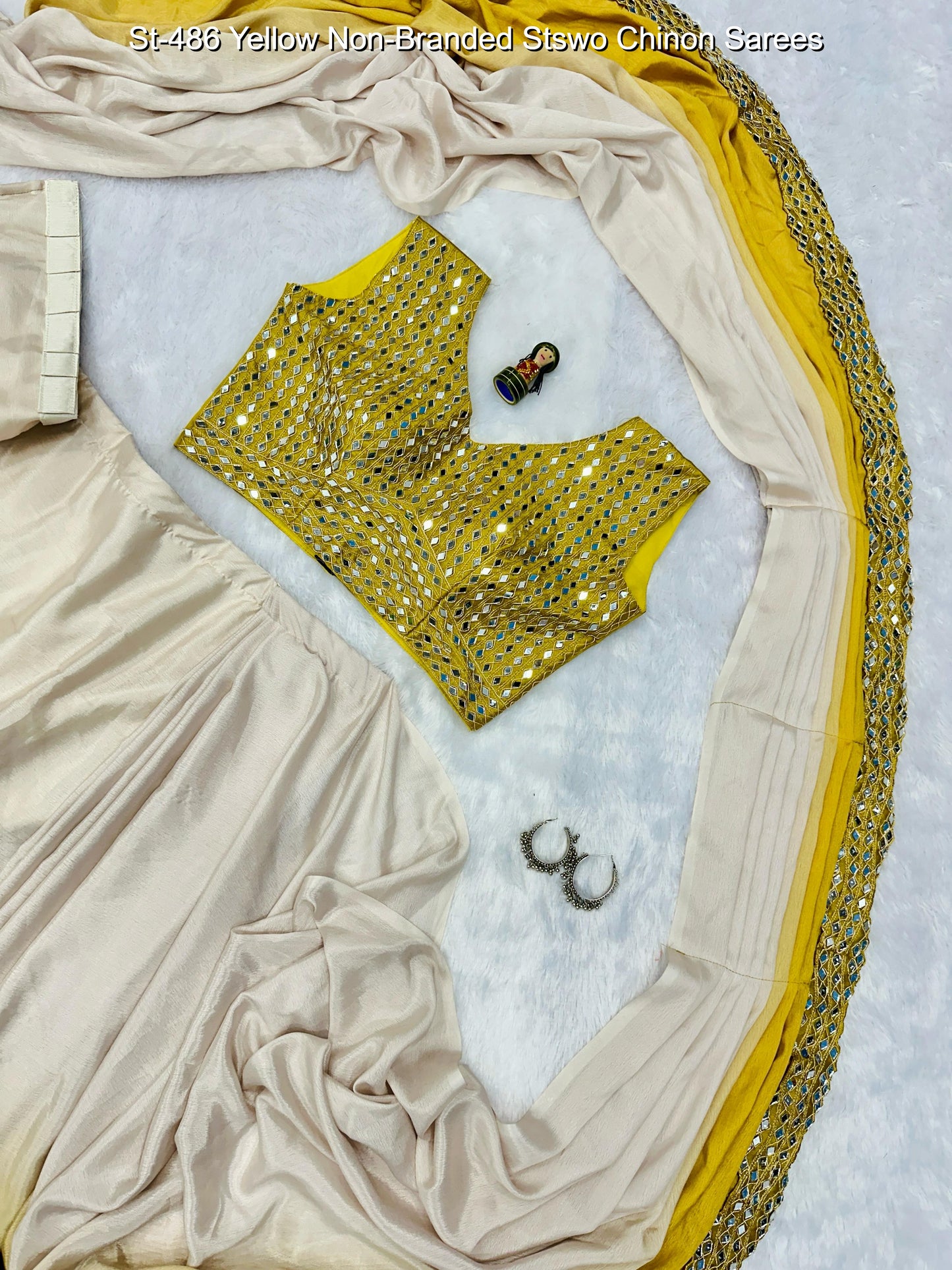 St-486 Yellow Non-Branded Stswo Chinon Sarees