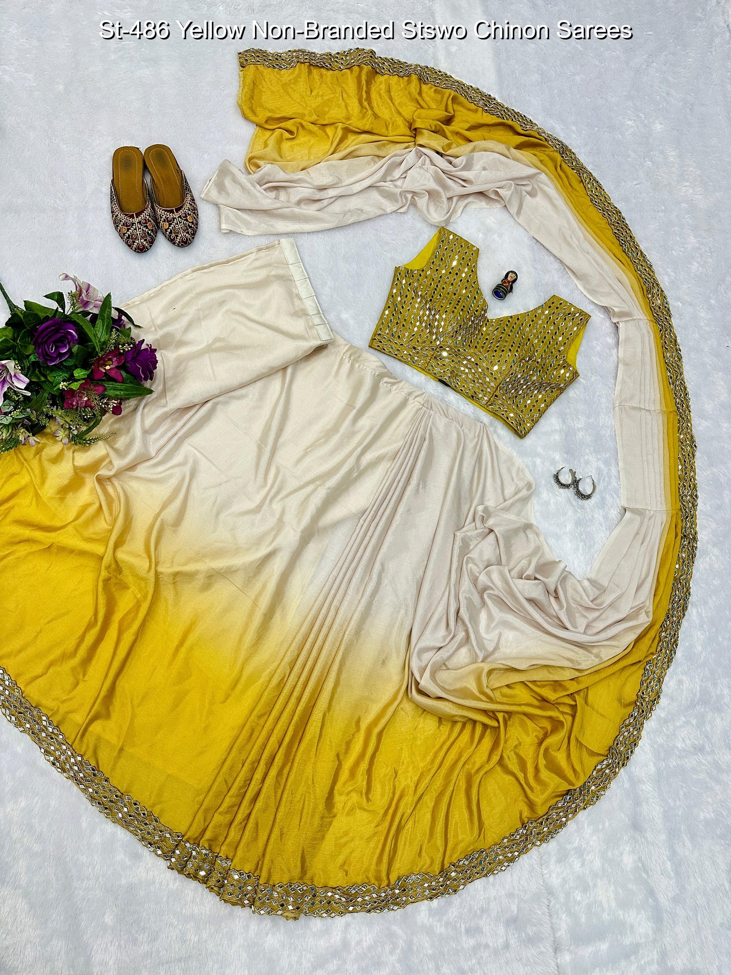 St-486 Yellow Non-Branded Stswo Chinon Sarees