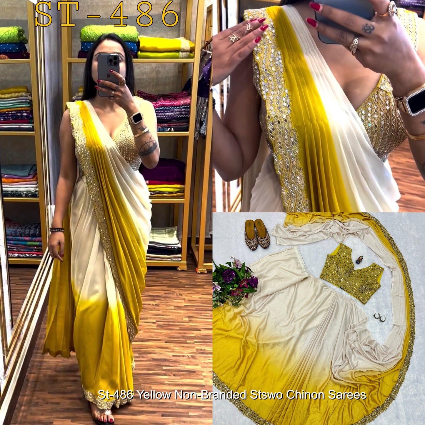 St-486 Yellow Non-Branded Stswo Chinon Sarees