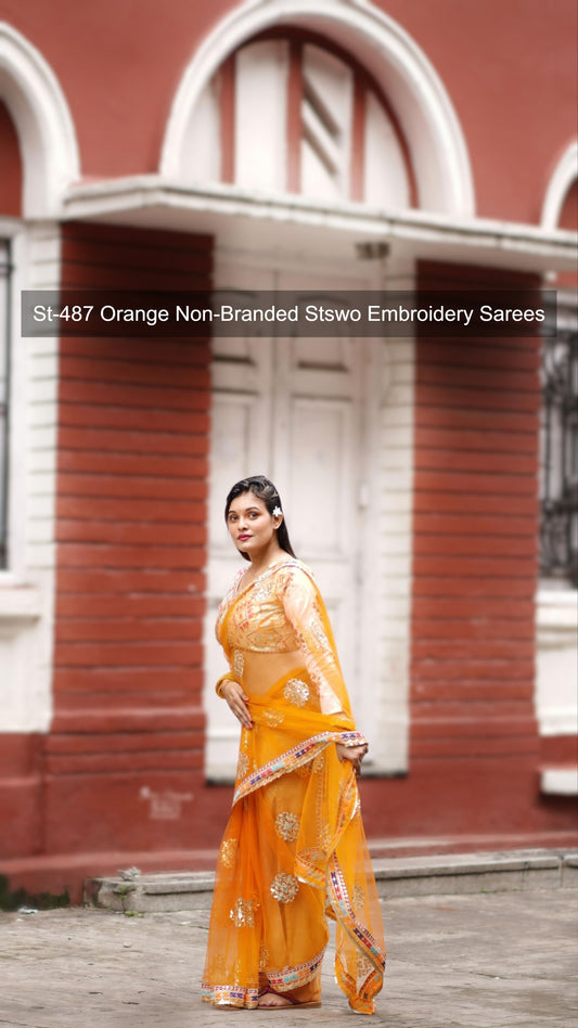 St-487 Orange Non-Branded Stswo Embroidery Sarees