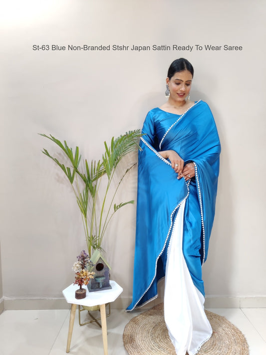 St-63 Blue Non-Branded Stshr Japan Sattin Ready To Wear Saree