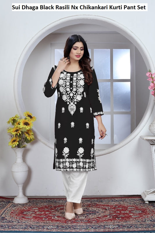 Sui Dhaga Black Rasili Nx Chikankari Kurti Pant Set