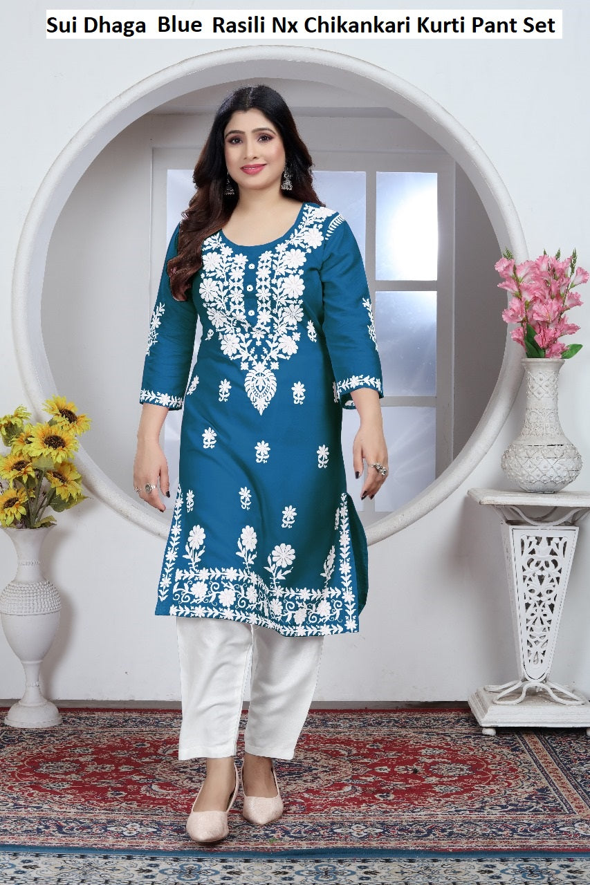 Sui Dhaga Blue Rasili Nx Chikankari Kurti Pant Set