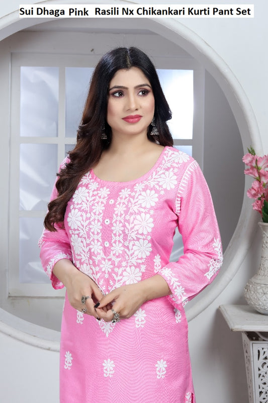 Sui Dhaga Pink Rasili Nx Chikankari Kurti Pant Set